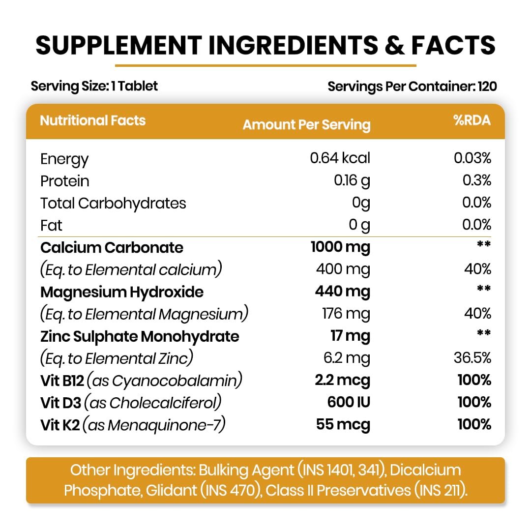 Vlado's Himalayan Organics Calcium Magnesium Zinc Vitamin D3, B12 & K- 120 Vegetarian Tablets I Supplement For Women And Men, For Bone Health & Joint Support - Image 2