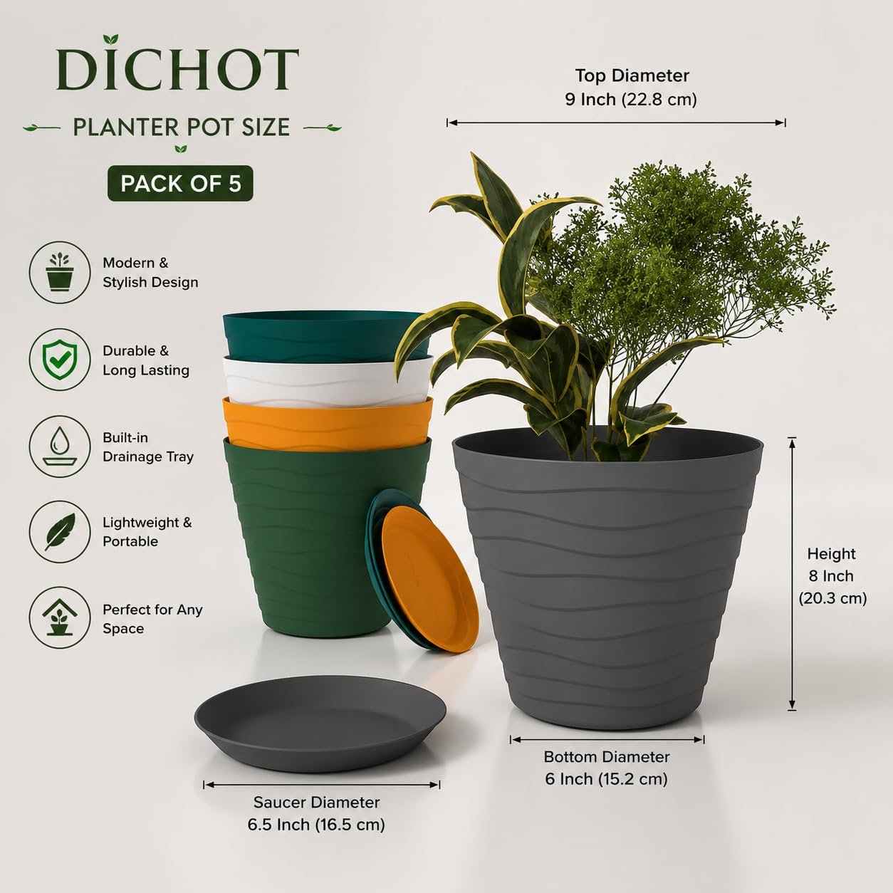 DICHOT Plastic 9 inch Plant Pots with Drainage Holes and Tray Saucers | Flower Pots for Home Balcony and Garden | Planters with Bottom Trays | Ideal for Indoor and Outdoor Use, Pack of 5 (Multi) - Image 3