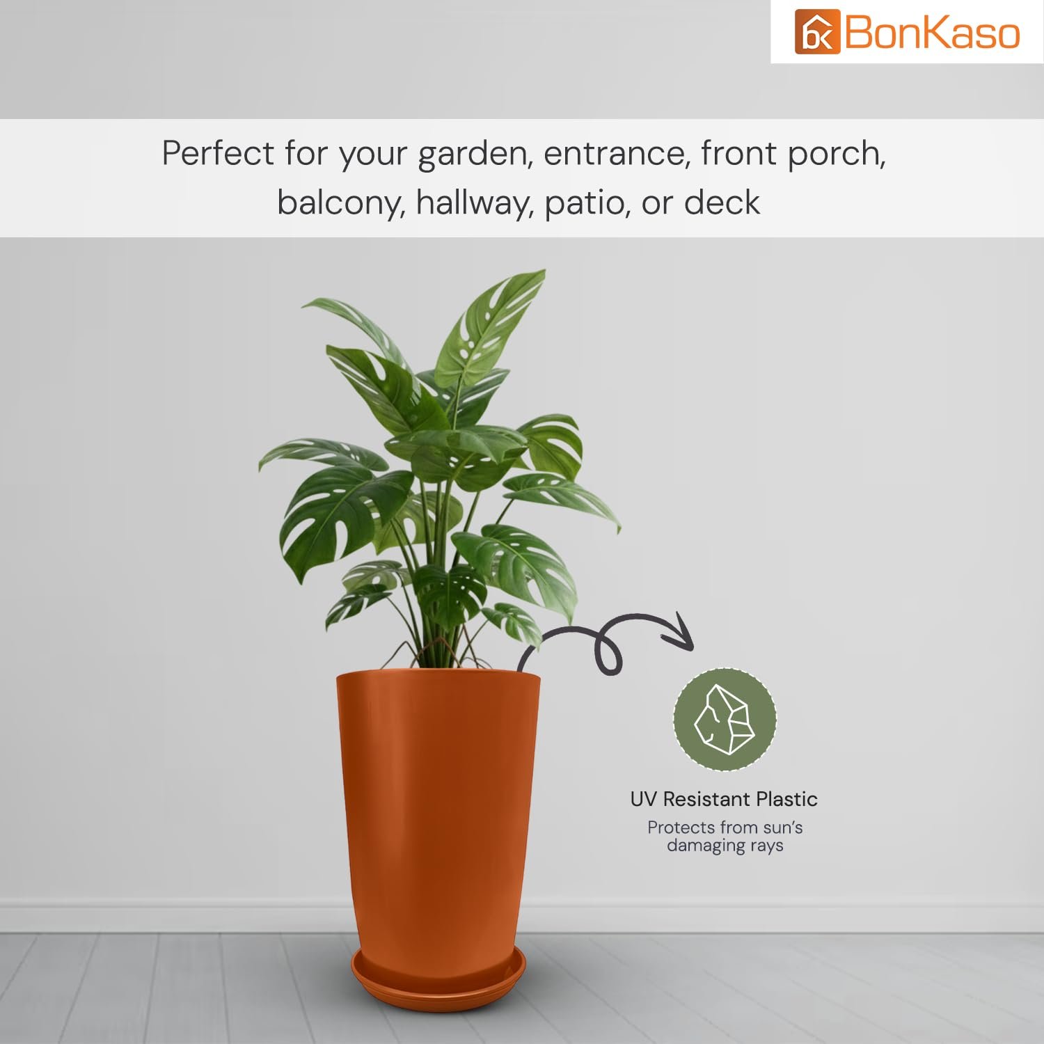 BonKaso 14 inch Copper Flower Pot | Size: 22x22x33 cm | Tall, Durable & Lightweight Polymer Tower Planter for Indoor & Outdoor Use: Home, Office, Garden & Balcony (Gamla/Gamale) - Image 3