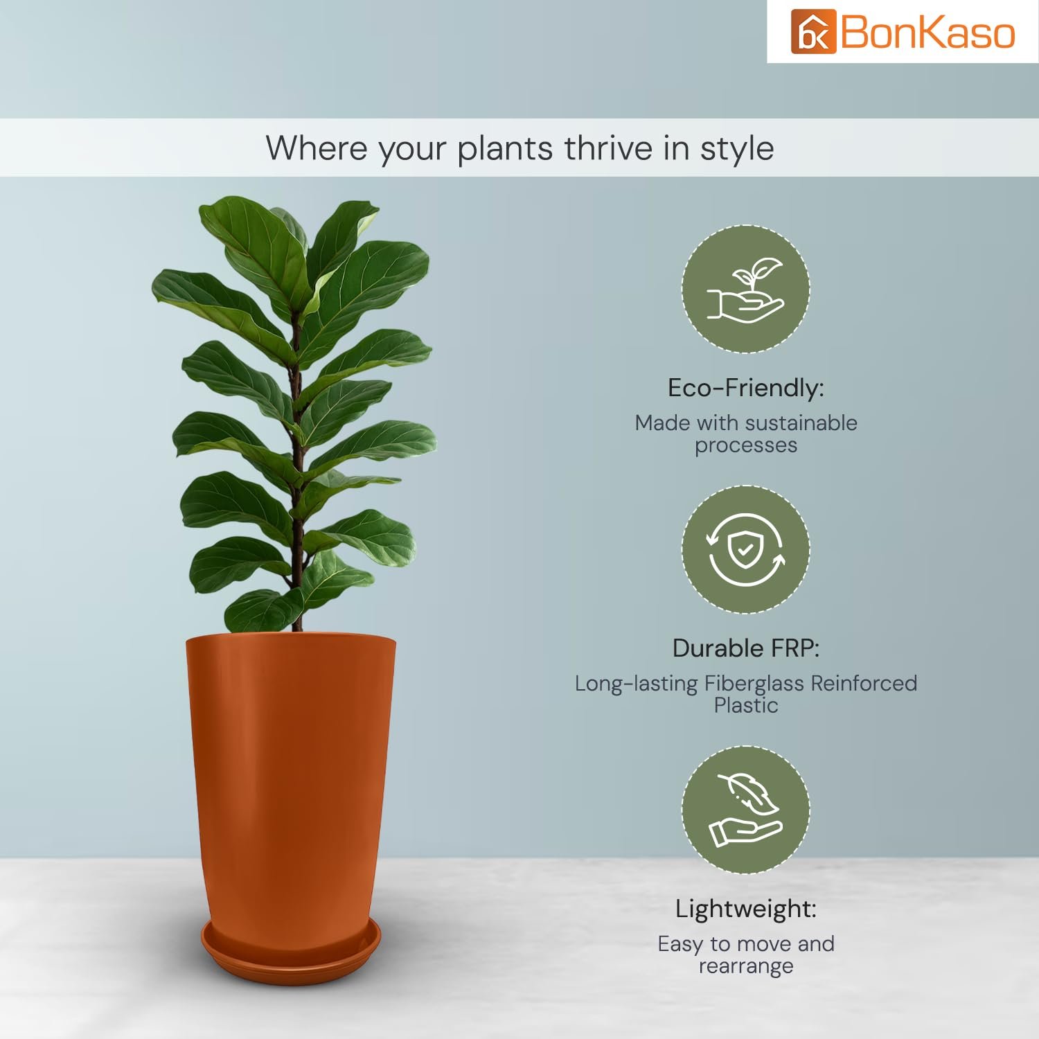 BonKaso 14 inch Copper Flower Pot | Size: 22x22x33 cm | Tall, Durable & Lightweight Polymer Tower Planter for Indoor & Outdoor Use: Home, Office, Garden & Balcony (Gamla/Gamale) - Image 2