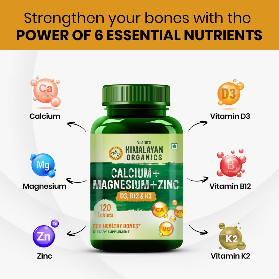 Vlado's Himalayan Organics Calcium Magnesium Zinc Vitamin D3, B12 & K- 120 Vegetarian Tablets I Supplement For Women And Men, For Bone Health & Joint Support - Image 6
