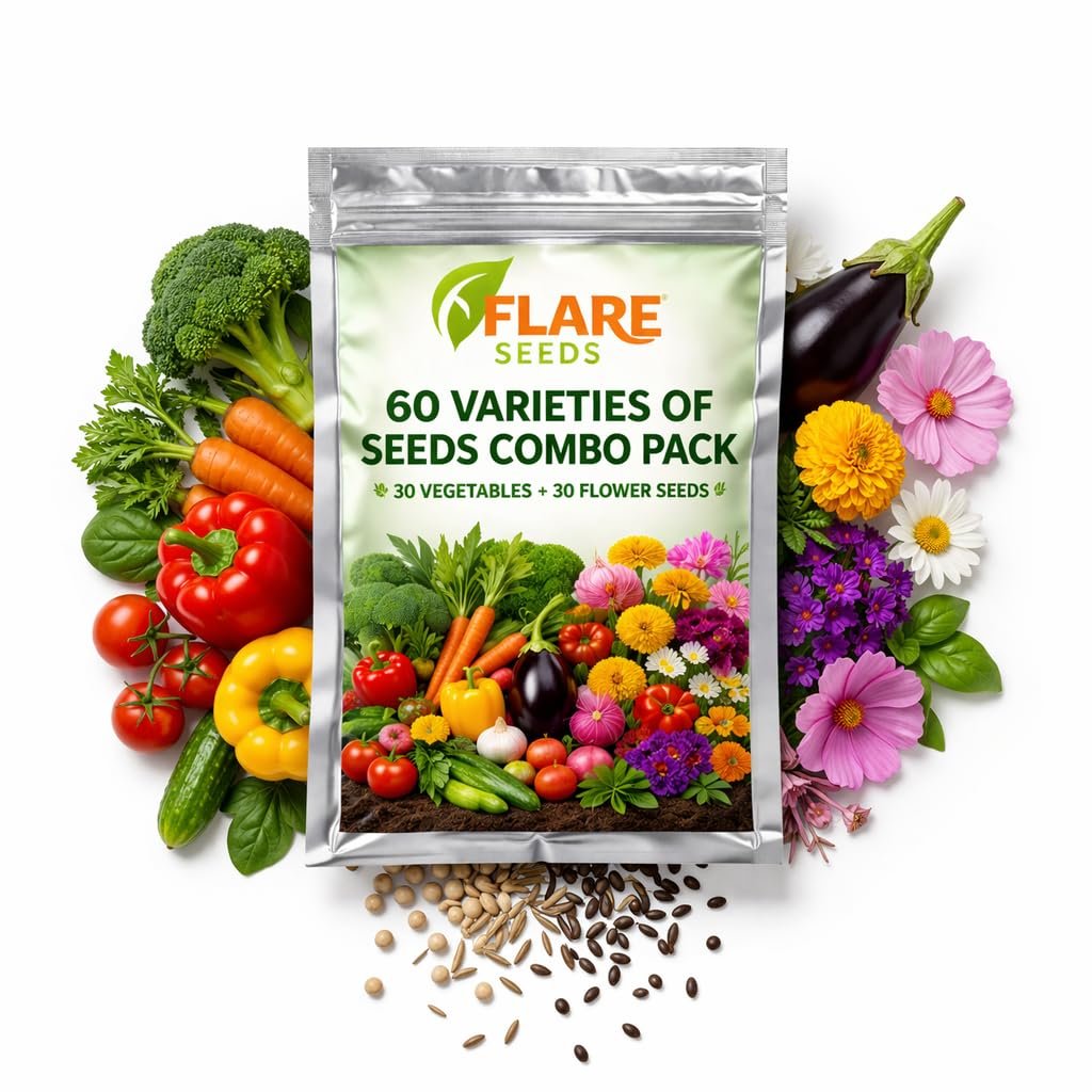 Flare Seeds 60 Varieties Seeds Combo Pack, 30 Vegetable and 30 Flower Seeds, High Germination Rate, All Seasons