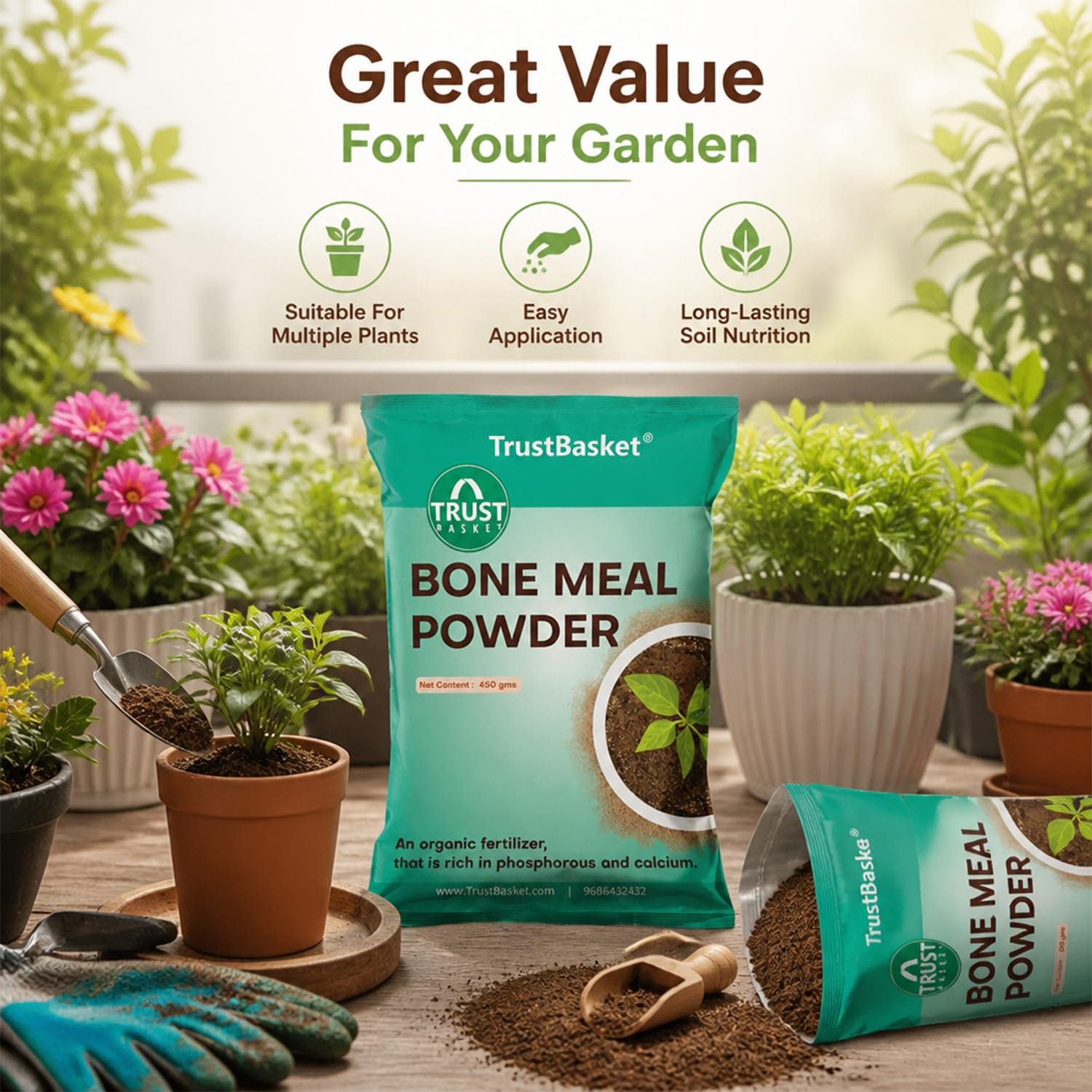 TrustBasket Bone Meal Fertilizer for Plants, 900 gm, Phosphorus and Calcium Rich | Fertilizer for Plants Home Garden | Steamed Bone Meal | Rich in | Natural Plant Fertilizer| 450 Grams (Set of 2) - Image 4