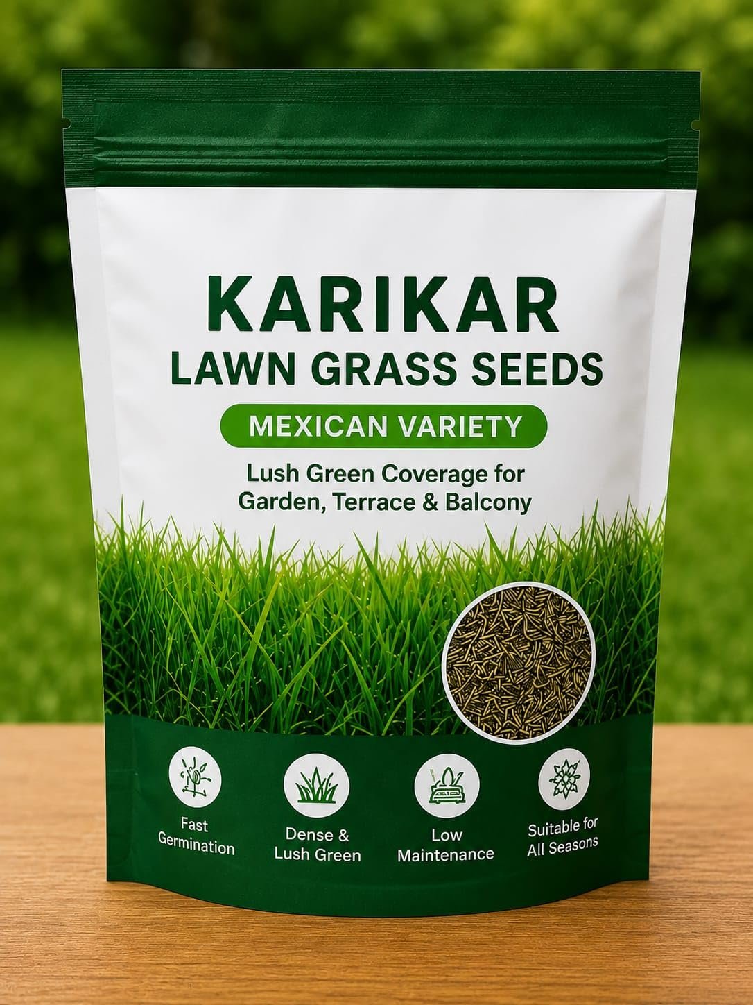 KARIKAR Lawn Grass Seeds, Mexican Variety, Lush Green Coverage for Garden, Terrace & Balcony (1KG)