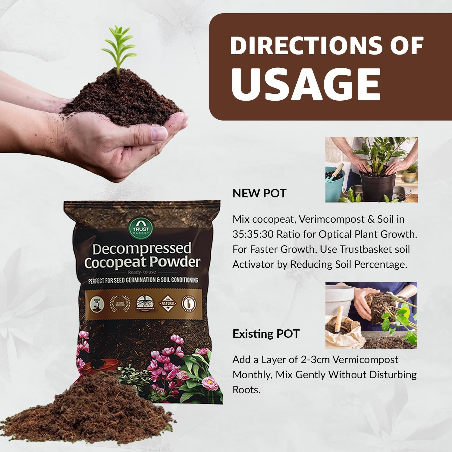TrustBasket Premium Decompressed Cocopeat Powder 5KG – Ready-to-Use, Kerala's Coconut Husk Powder Coconut Coir Soil Conditioner for Potting, Indoor/Outdoor Gardens – 100% Natural, High Water Retention - Image 4