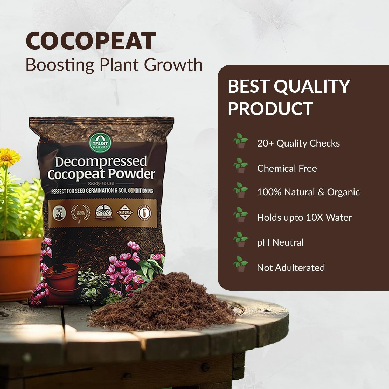 TrustBasket Premium Decompressed Cocopeat Powder 5KG – Ready-to-Use, Kerala's Coconut Husk Powder Coconut Coir Soil Conditioner for Potting, Indoor/Outdoor Gardens – 100% Natural, High Water Retention - Image 5