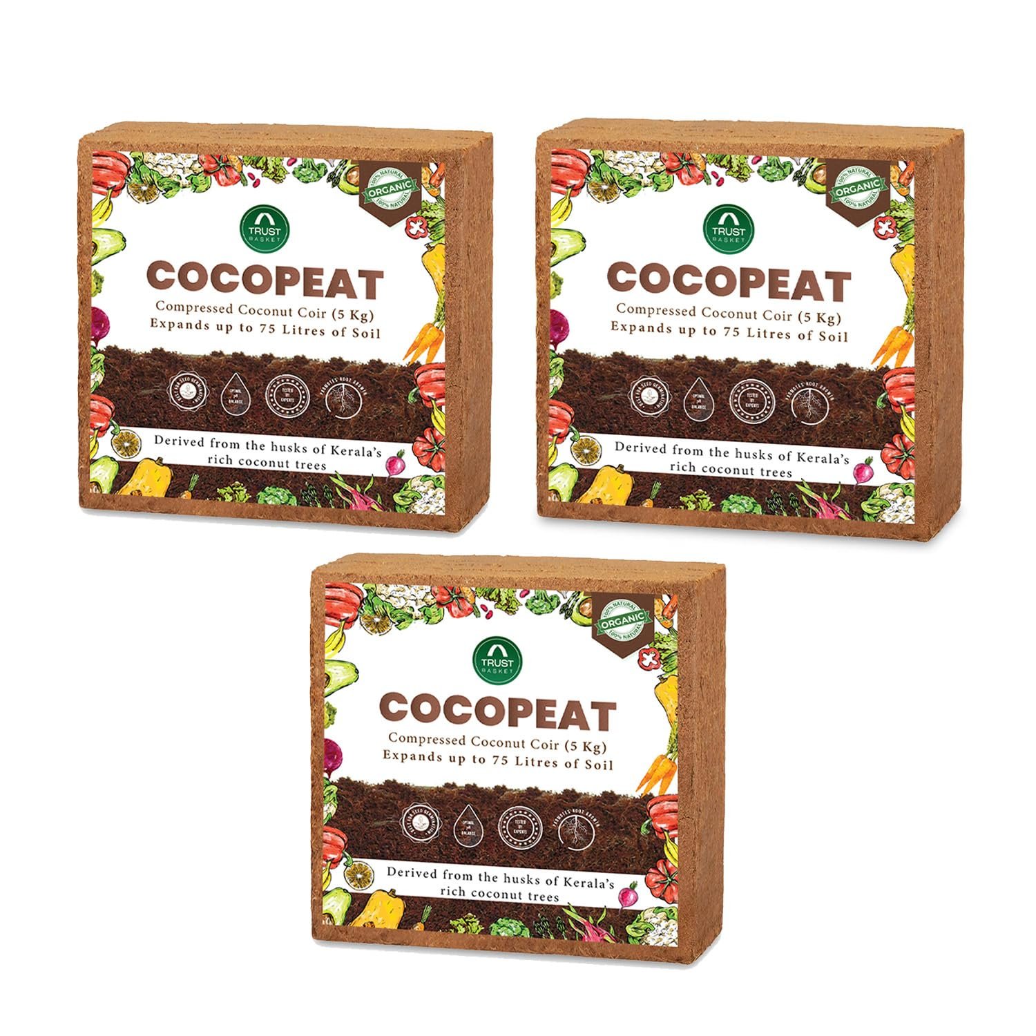 TrustBasket Cocopeat 15 kg Block (Set of 3-5kg Each) | Expands Upto 75 litres of Powder | Garden Soil | Hydroponic Plants, Kitchen Gardening and Terrace Gardening, Indoor Plants and Outdoor Plants