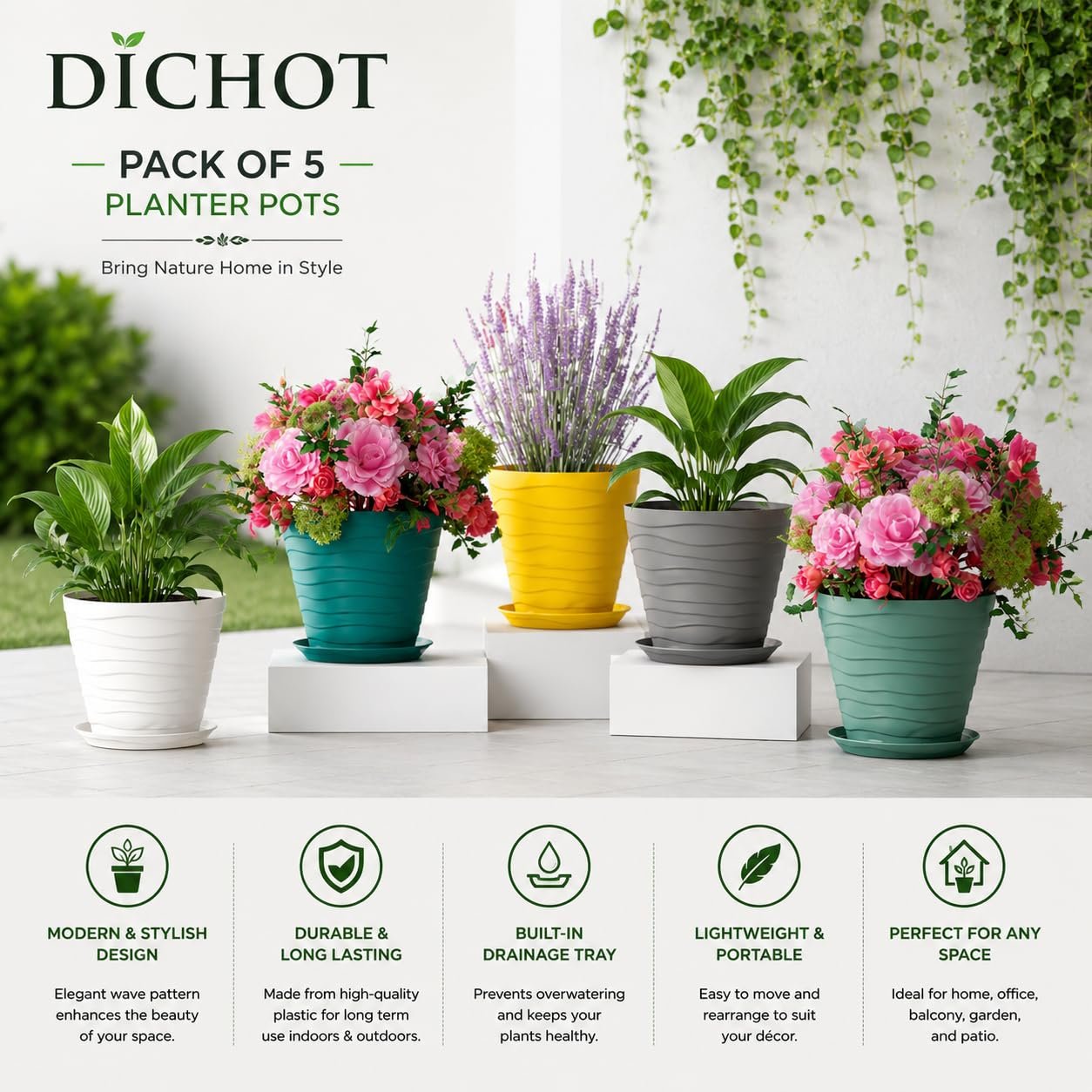 DICHOT Plastic 9 inch Plant Pots with Drainage Holes and Tray Saucers | Flower Pots for Home Balcony and Garden | Planters with Bottom Trays | Ideal for Indoor and Outdoor Use, Pack of 5 (Multi) - Image 4