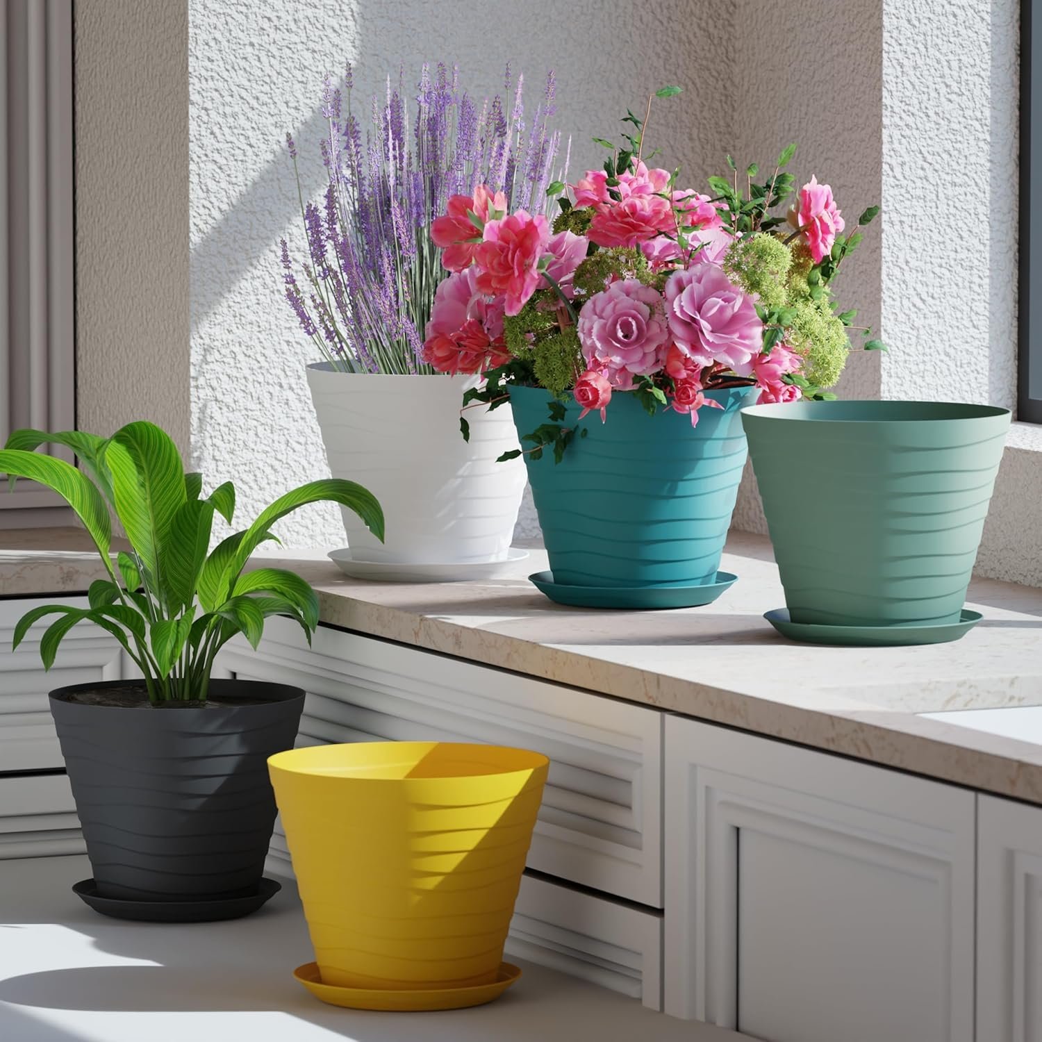 DICHOT Plastic 9 inch Plant Pots with Drainage Holes and Tray Saucers | Flower Pots for Home Balcony and Garden | Planters with Bottom Trays | Ideal for Indoor and Outdoor Use, Pack of 5 (Multi) - Image 2