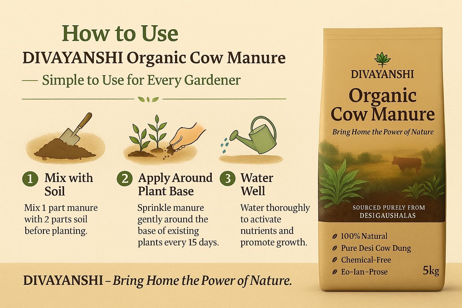 DIVAYANSHI Organic Cow Manure – Enriched Desi Cow Dung Compost | Nourishes Plants Naturally for Healthy Growth & Blooming Gardens (15kg) - Image 2