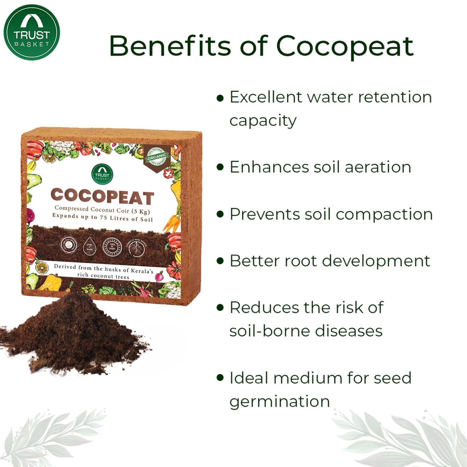 TrustBasket Cocopeat 15 kg Block (Set of 3-5kg Each) | Expands Upto 75 litres of Powder | Garden Soil | Hydroponic Plants, Kitchen Gardening and Terrace Gardening, Indoor Plants and Outdoor Plants - Image 2