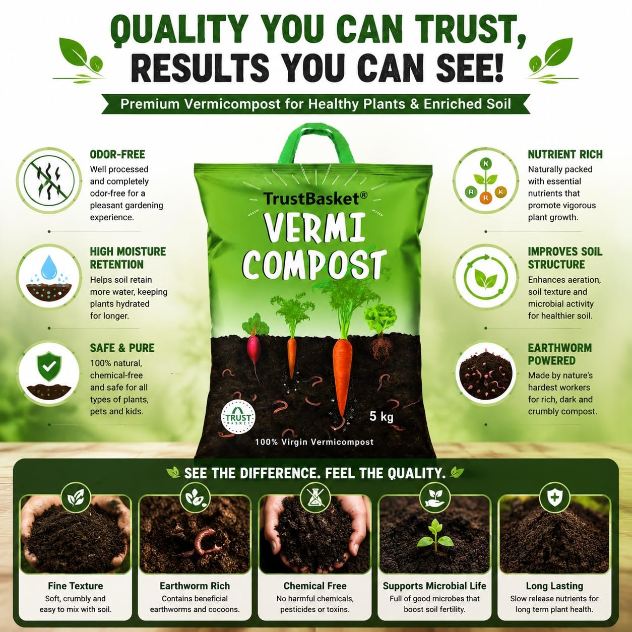TrustBasket Vermicompost 5kg 100% Natural Organic Fertilizer for Plants | Nutrient-Rich Compost for Home Garden | Improves Plant Health, Water Retention & Soil Quality | Ideal for All Gardening Needs - Image 3