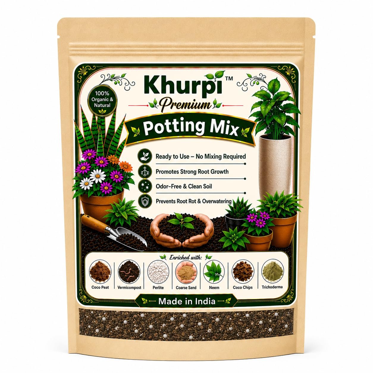 Khurpi Ready to Use Potting Mix for Indoor & Outdoor Plants | Soil-Less Potting Soil | Cocopeat, Perlite, Neem & Vermicompost etc | for Flowers, Vegetables & Herbs | 5 kg