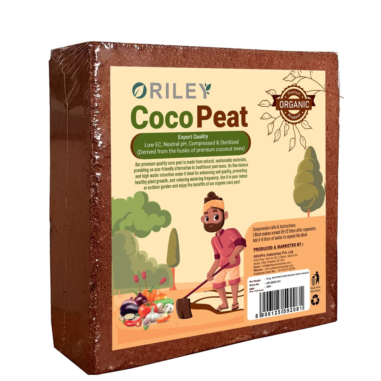 Oriley 5 Kg 100% Natural Cocopeat Block for Garden Plants Organic Agricultural Compost Coco Peat for Indoor & Outdoor Fertilizer Kitchen Terrace Gardening Khaad (Expands Upto 75 litres of Powder)
