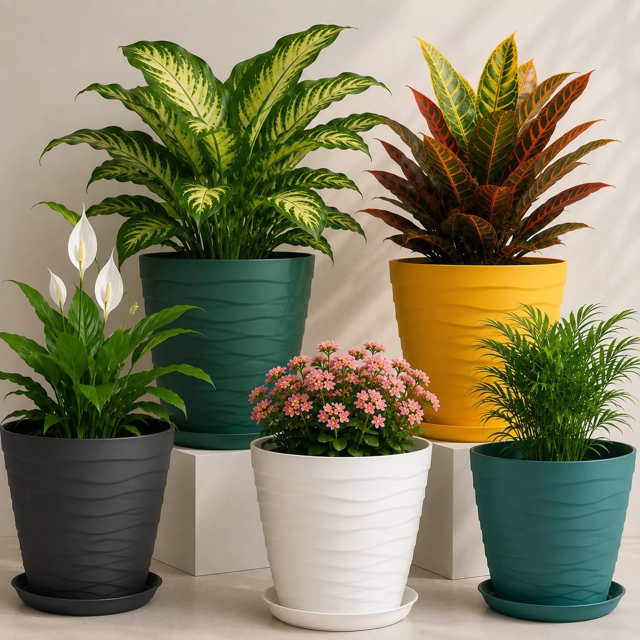DICHOT Plastic 9 inch Plant Pots with Drainage Holes and Tray Saucers | Flower Pots for Home Balcony and Garden | Planters with Bottom Trays | Ideal for Indoor and Outdoor Use, Pack of 5 (Multi)
