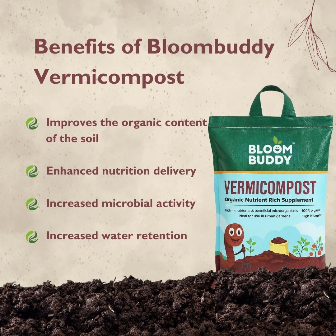 BLOOMBUDDY Organic Vermicompost – 5 kg | Plant Fertilizer & Compost for Plants | Natural Manure for Home Gardening | Vermi Compost for Plants, Indoor Pots & Home Garden Use