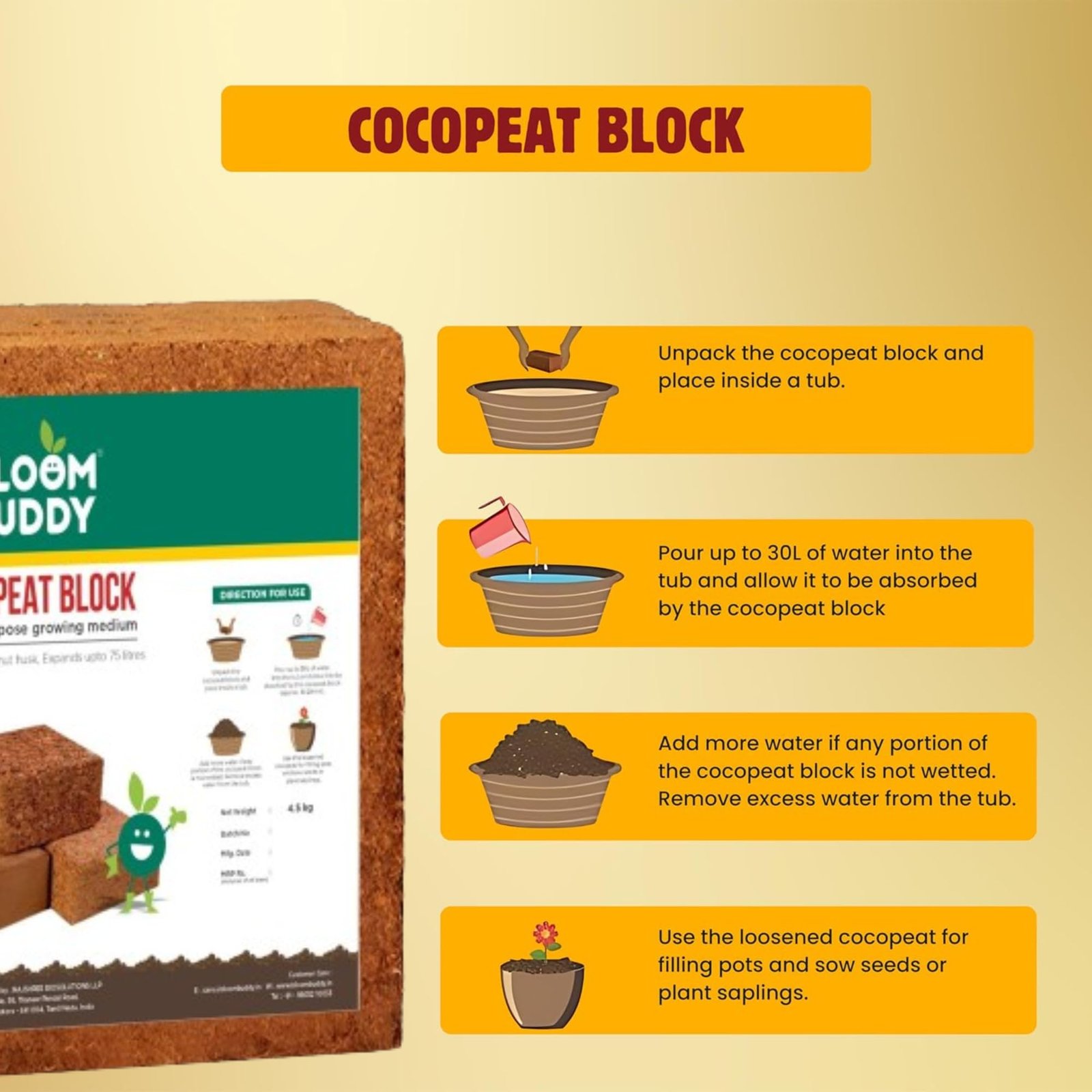 BloomBuddy Cocopeat Block 4.5kg | Growing Medium for Gardening & Plants | Expands Upto 75 litres of Coco Peat Powder | Kitchen Gardening, Terrace Gardening, Indoor Plants and Outdoor Plants - Image 5