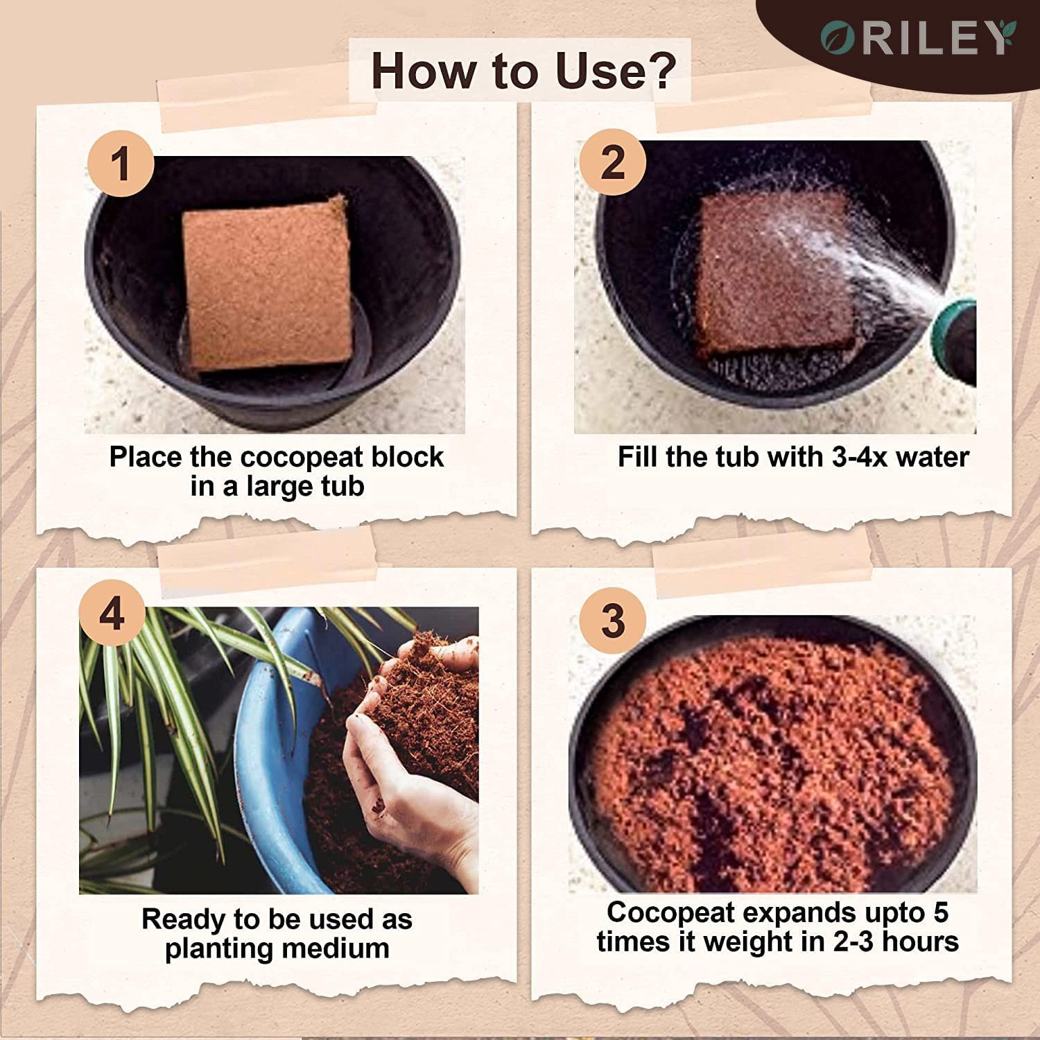 Oriley 5 Kg 100% Natural Cocopeat Block for Garden Plants Organic Agricultural Compost Coco Peat for Indoor & Outdoor Fertilizer Kitchen Terrace Gardening Khaad (Expands Upto 75 litres of Powder) - Image 4