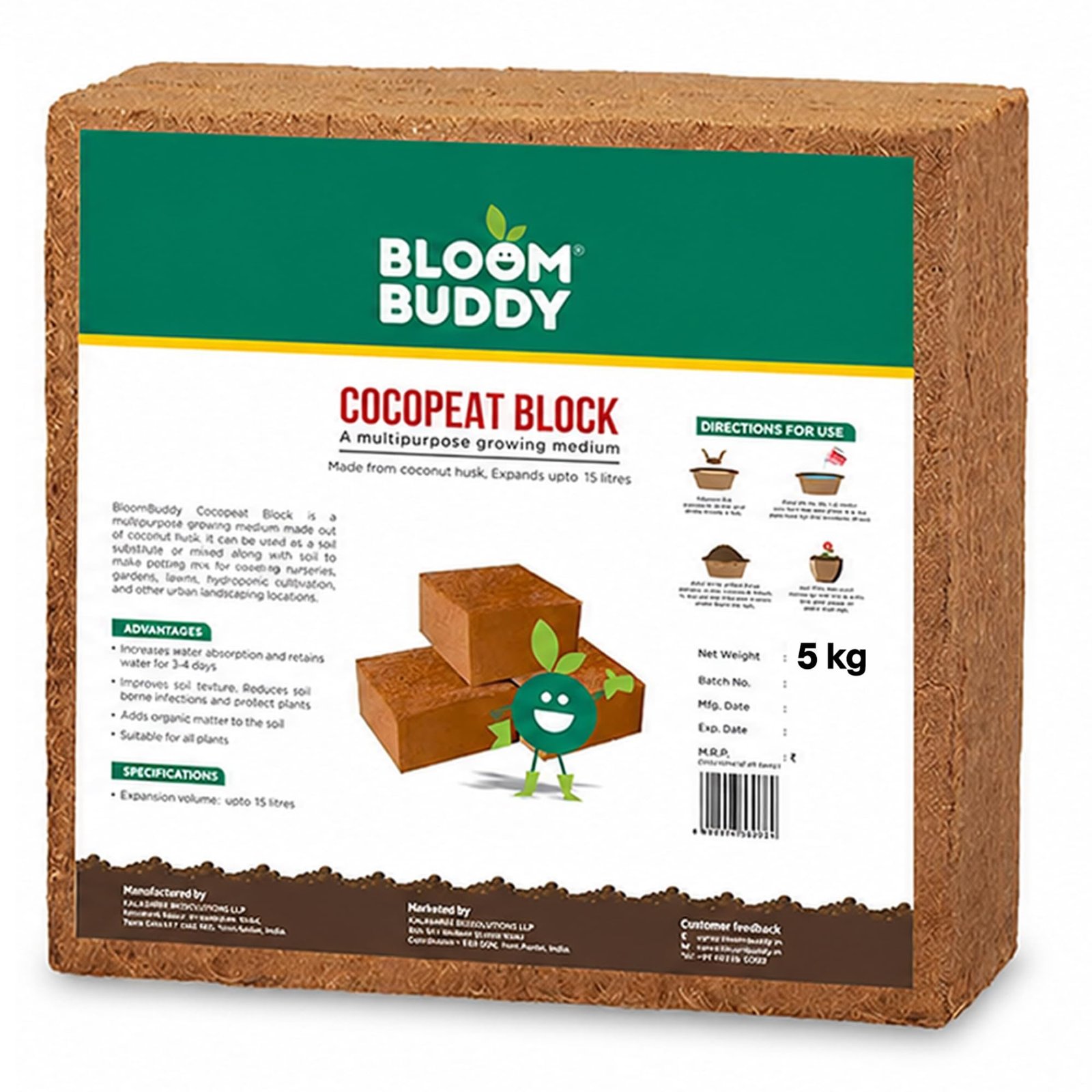 BloomBuddy Cocopeat Block 4.5kg | Growing Medium for Gardening & Plants | Expands Upto 75 litres of Coco Peat Powder | Kitchen Gardening, Terrace Gardening, Indoor Plants and Outdoor Plants