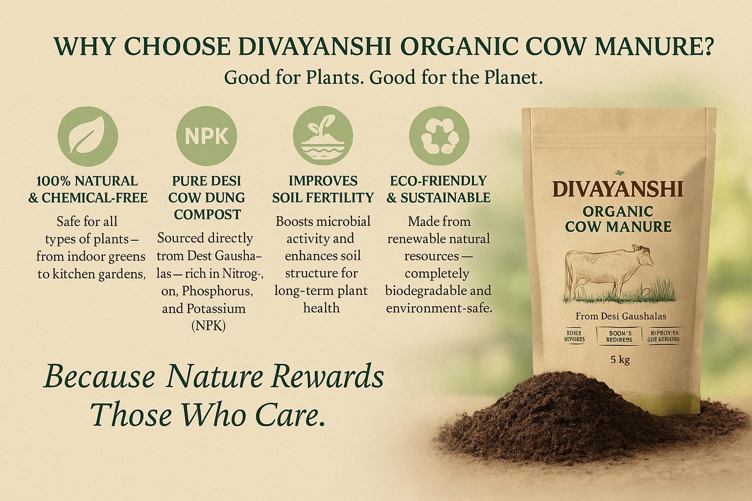 DIVAYANSHI Organic Cow Manure – Enriched Desi Cow Dung Compost | Nourishes Plants Naturally for Healthy Growth & Blooming Gardens (15kg) - Image 5