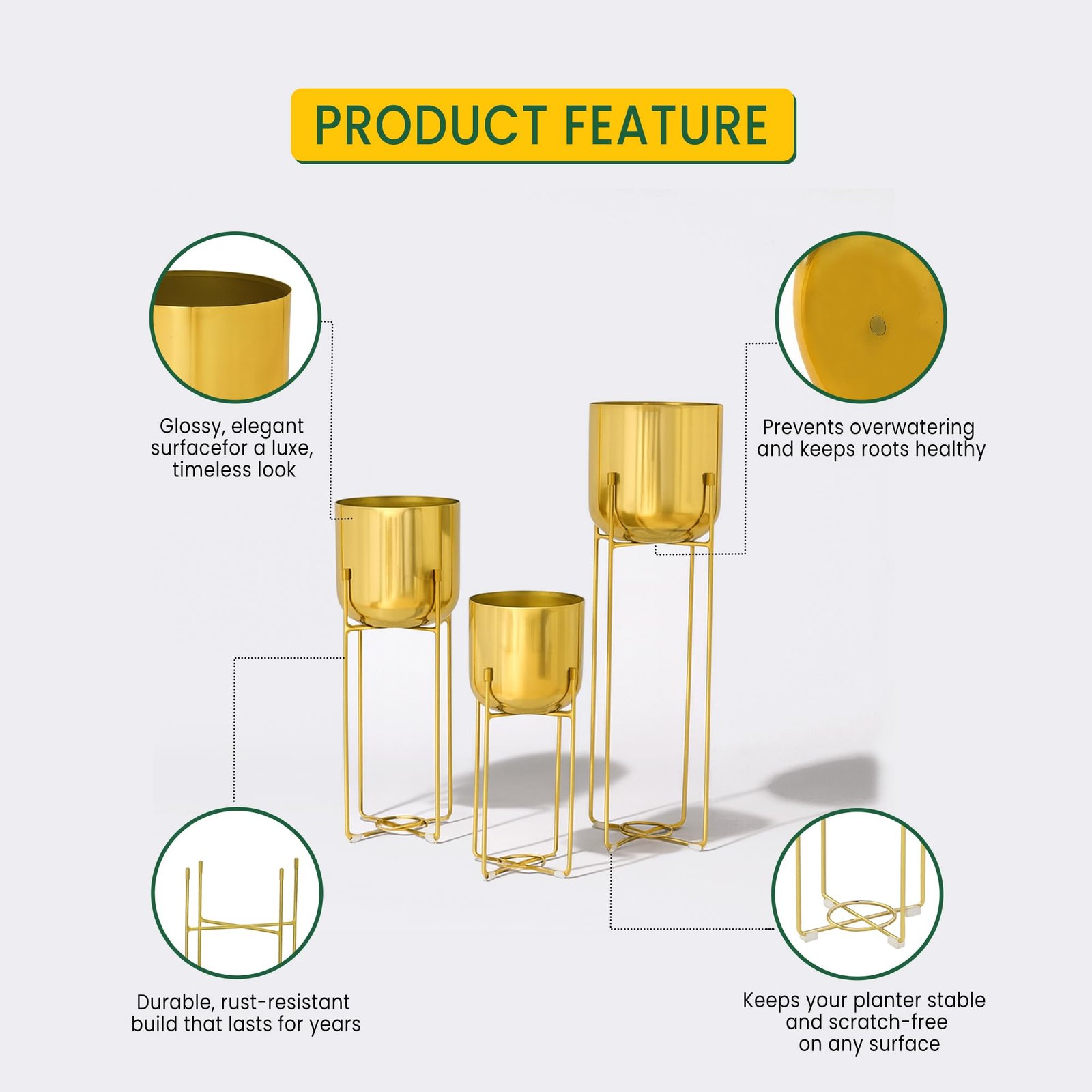 Urban Plant Elevé Metal Planter with Stand Set, 3 Modern Planters with Stands, 16-24.5 Inch Height (Gold) - Image 3