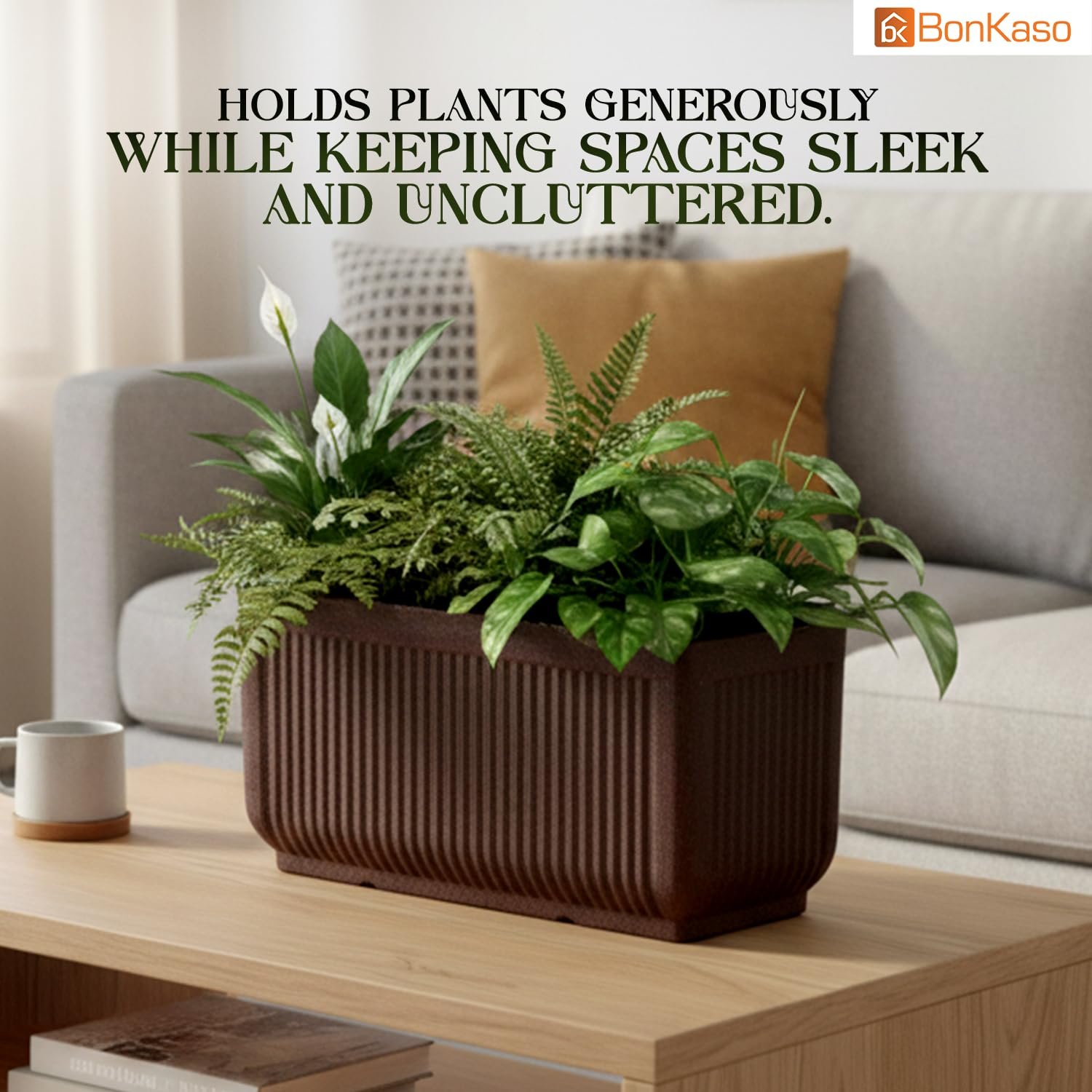 BonKaso 24 Inch Window Planter for Indoor & Outdoor Use | Heavy Duty Durable Polymer Flower Pot Gamla | Lightweight Rectangular Modern Planter for Balcony, Terrace, Living Room & Office Decor (Brown) - Image 2