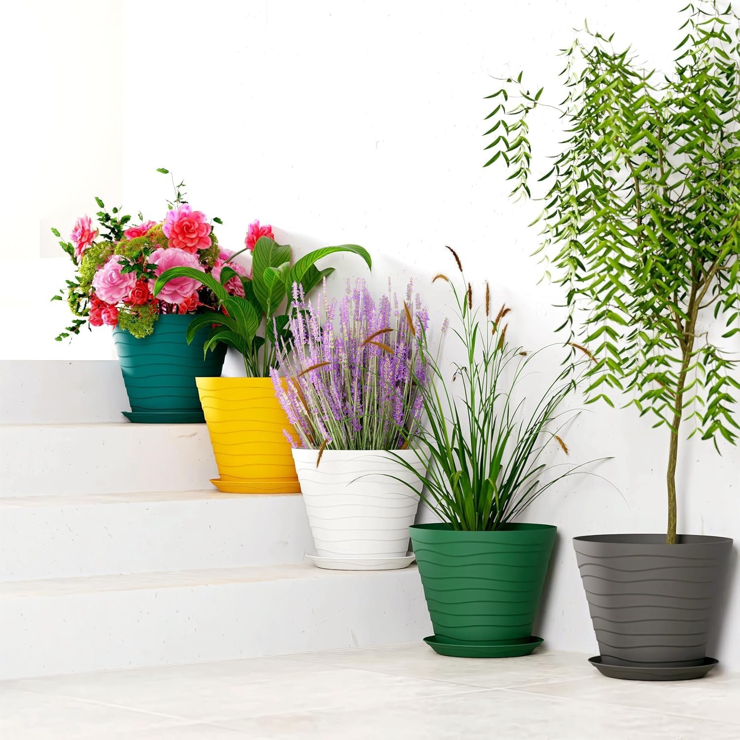 DICHOT Plastic 9 inch Plant Pots with Drainage Holes and Tray Saucers | Flower Pots for Home Balcony and Garden | Planters with Bottom Trays | Ideal for Indoor and Outdoor Use, Pack of 5 (Multi) - Image 6