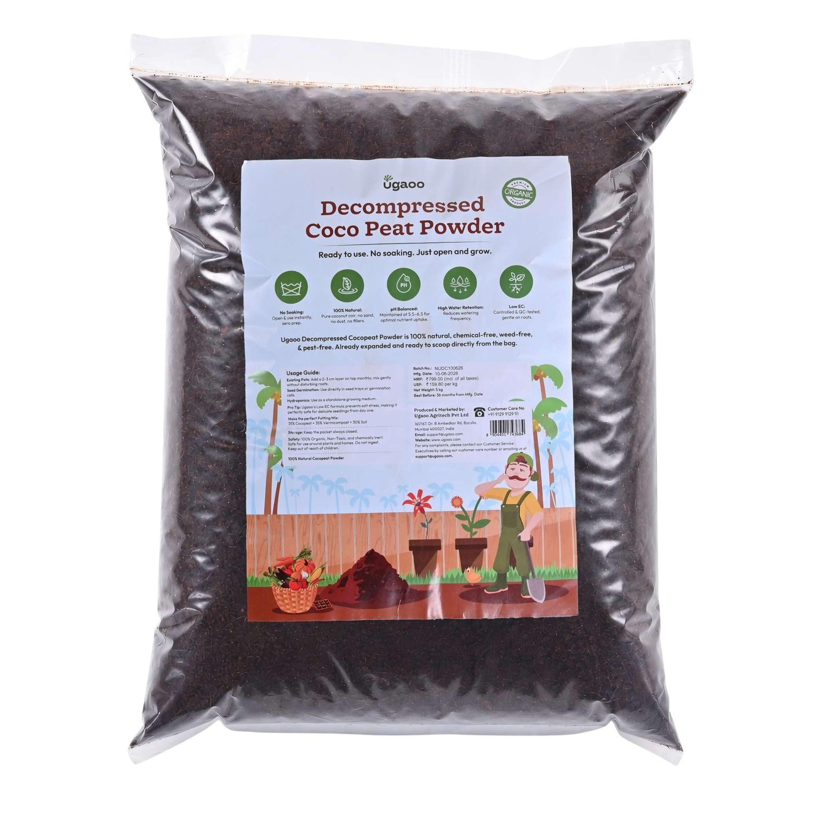 Ugaoo Cocopeat Powder for Plants 5 Kg | Premium Low EC Coconut Coir Soil Conditioner | Ready to Use Growing Medium for Seed Germination, Potting Mix, Hydroponics, Indoor Plants, Kitchen