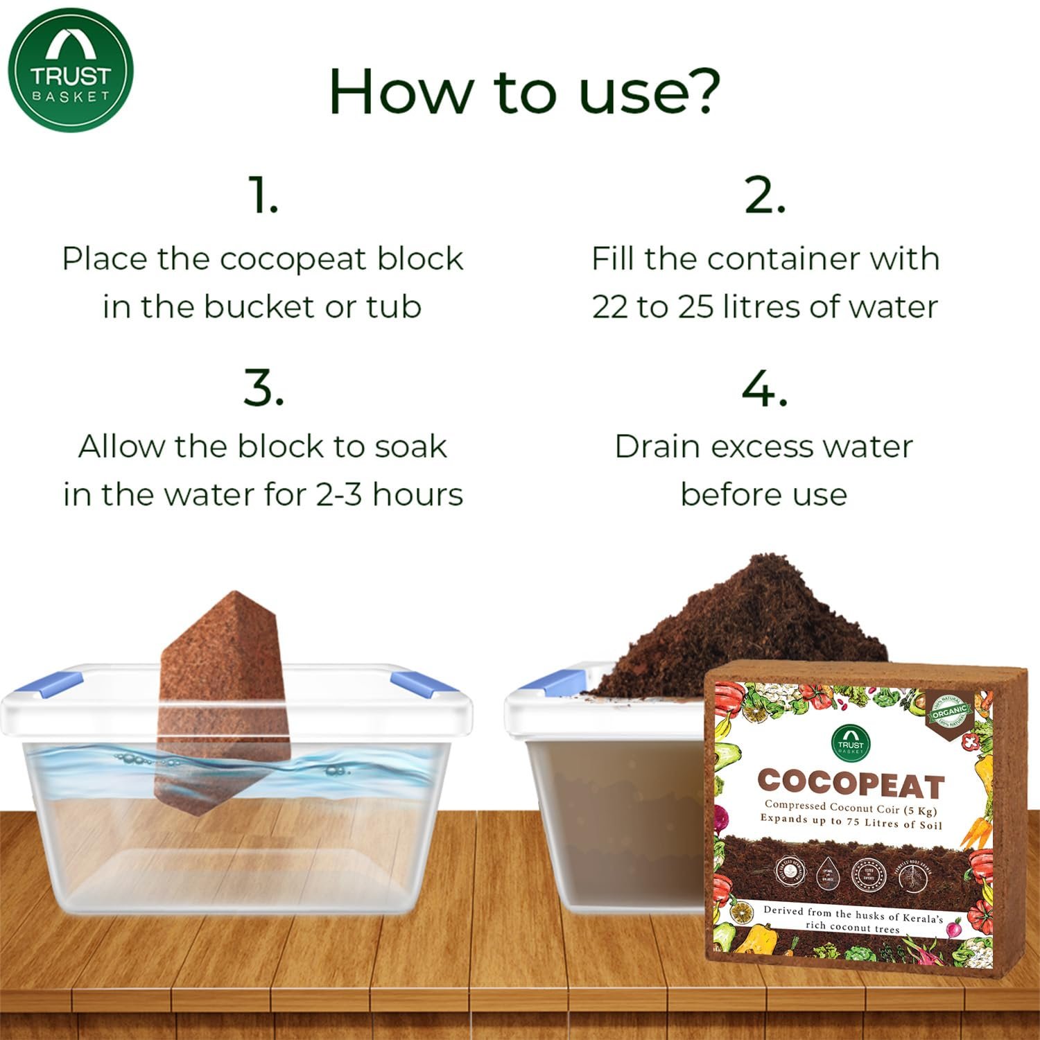 TrustBasket Cocopeat 15 kg Block (Set of 3-5kg Each) | Expands Upto 75 litres of Powder | Garden Soil | Hydroponic Plants, Kitchen Gardening and Terrace Gardening, Indoor Plants and Outdoor Plants - Image 3