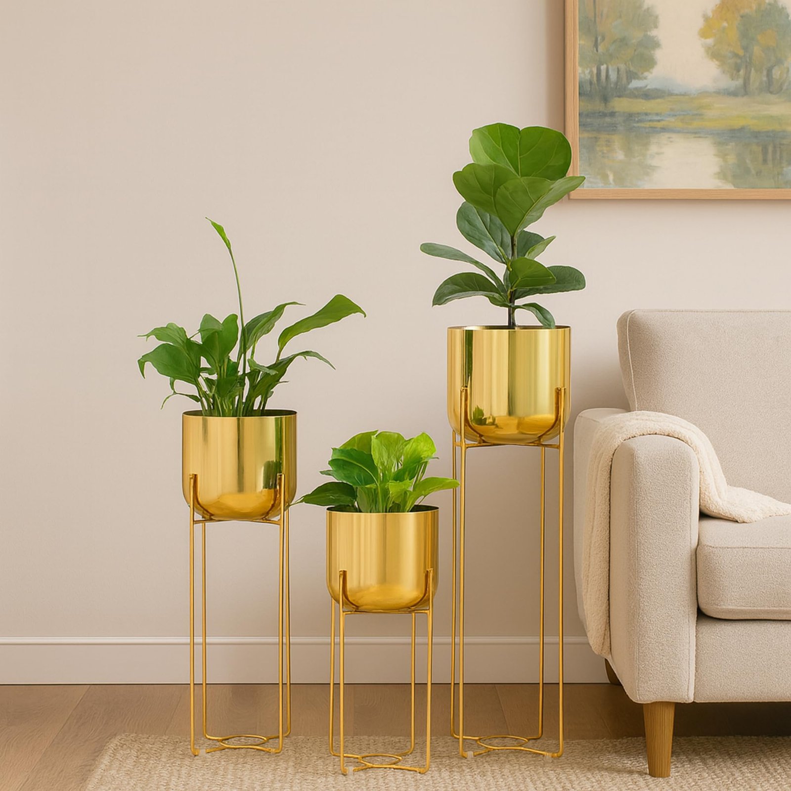 Urban Plant Elevé Metal Planter with Stand Set, 3 Modern Planters with Stands, 16-24.5 Inch Height (Gold)