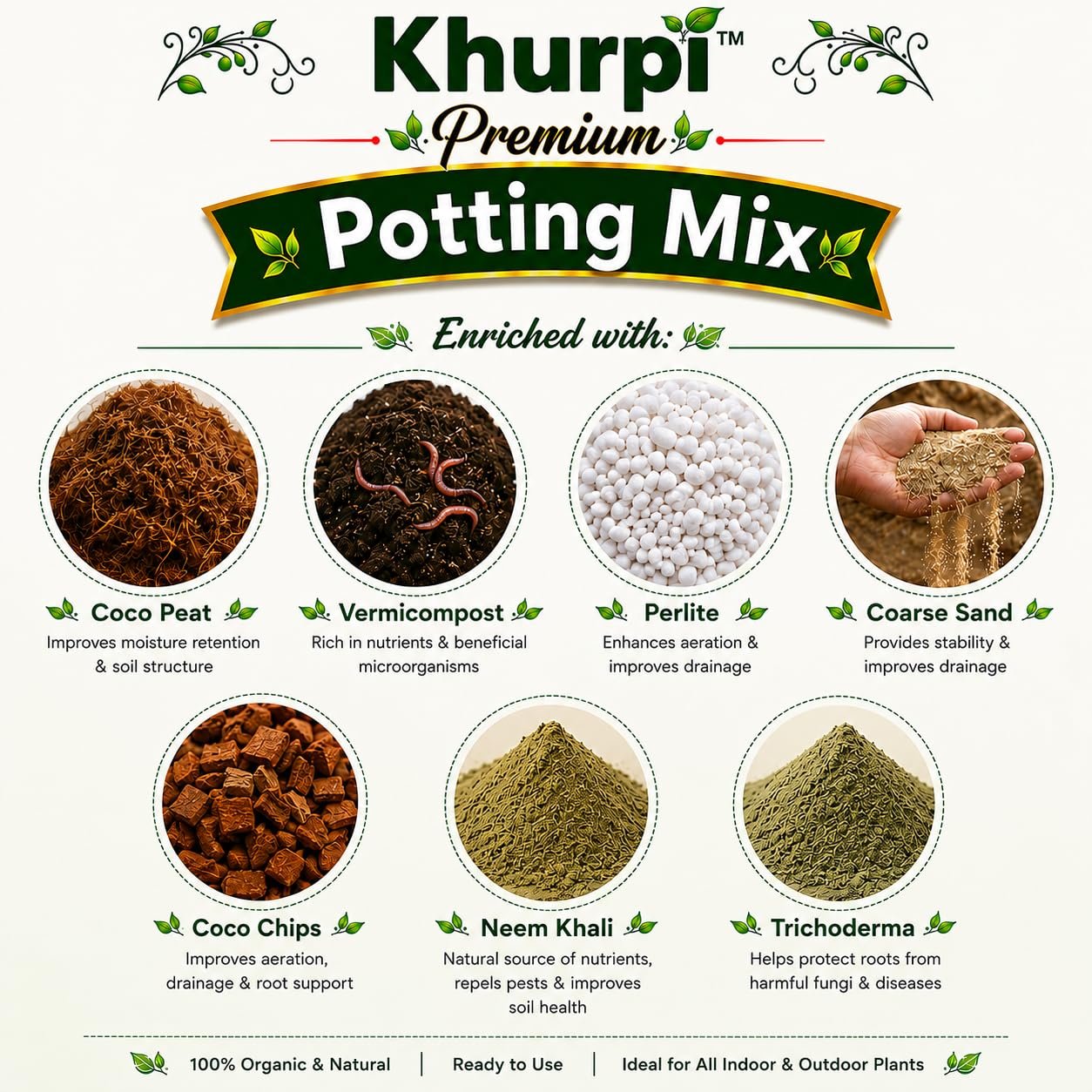 Khurpi Ready to Use Potting Mix for Indoor & Outdoor Plants | Soil-Less Potting Soil | Cocopeat, Perlite, Neem & Vermicompost etc | for Flowers, Vegetables & Herbs | 5 kg - Image 3