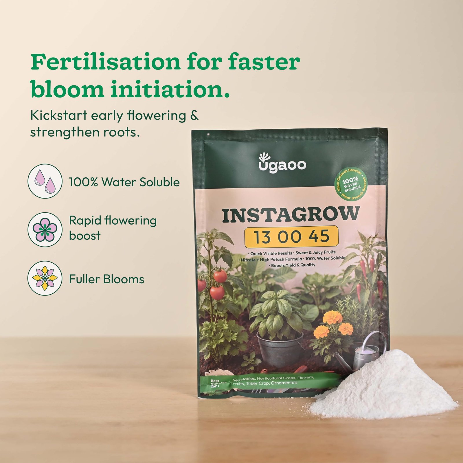 Ugaoo InstaGrow NPK 13:00:45 Fertilizer (250g) | High Potassium Water-Soluble Fertilizer for Fruit & Flower Quality | Boosts Yield & Sweetness - Image 2