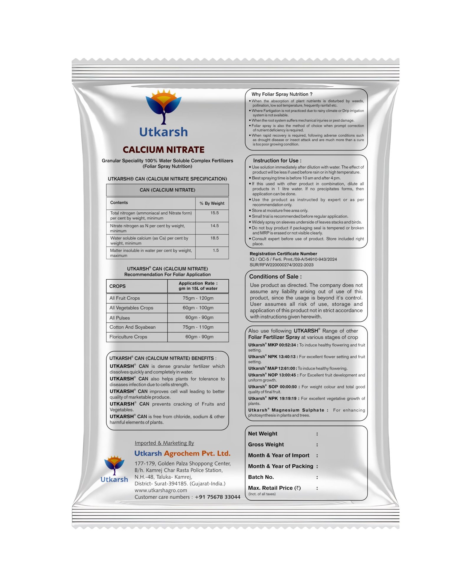 Utkarsh Calcium Nitrate Fertilizer for Plants Home Garden | 100% Water Soluble Foliar Spray Nutrition, Promotes & Boosts Healthy Flower and Fruit Growth (900 gm; Pack of 1) - Image 8