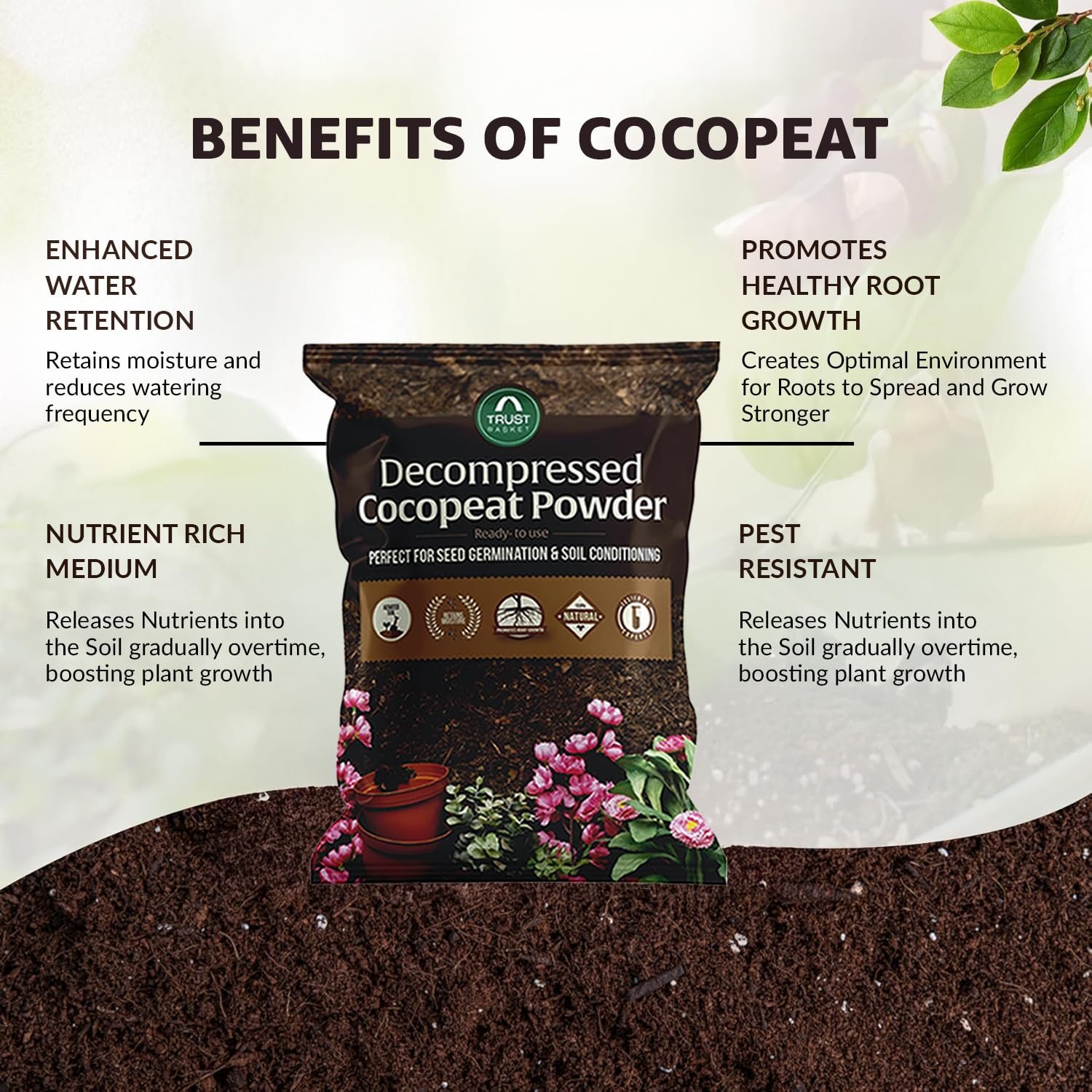 TrustBasket Premium Decompressed Cocopeat Powder 5KG – Ready-to-Use, Kerala's Coconut Husk Powder Coconut Coir Soil Conditioner for Potting, Indoor/Outdoor Gardens – 100% Natural, High Water Retention - Image 3