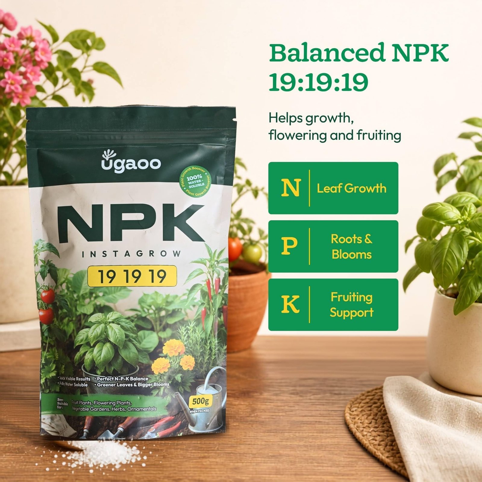 Ugaoo InstaGrow NPK 19:19:19 Fertilizer (500g) Powder| Water-Soluble Plant Food for Growth, Flowering & Fruiting | Balanced NPK for Indoor & Outdoor Plants - Image 2