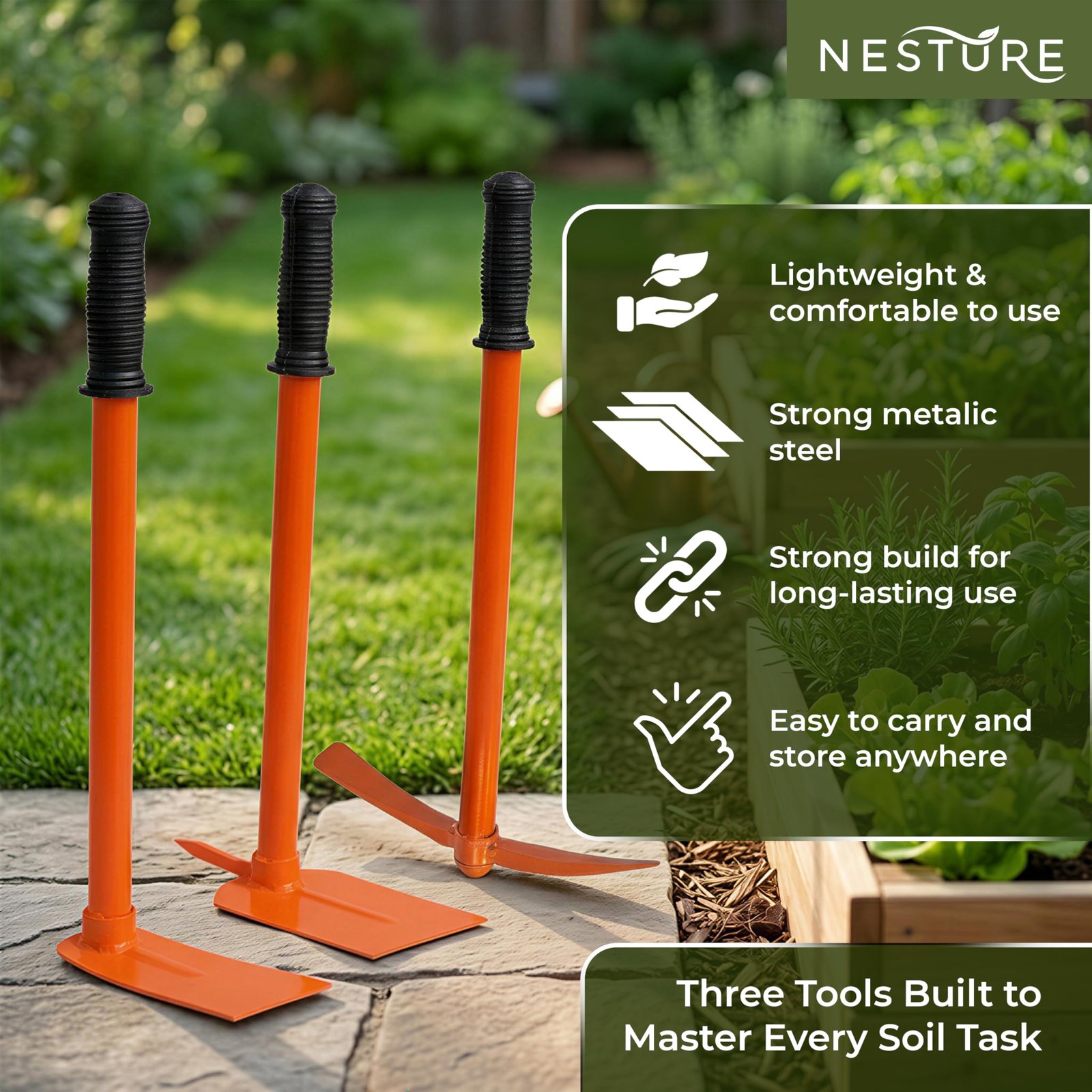 3 Pcs Gardening Tool Set | Heavy Duty Pickaxe, Hoe & Prong Hoe for Digging, Soil Loosening | Gardening Tools Kit for Home Garden (Orange) - Image 2