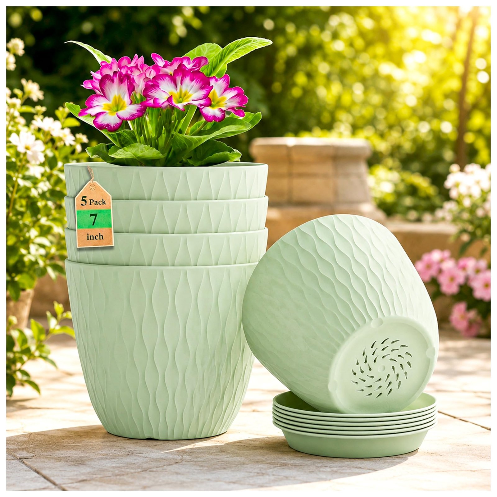 SWAPKART (Pack of 5 6 Inch Plastic Flower Pots for Indoor & Outdoor Terrace,Garden Plants Decorative Planters with Drainage Holes & Matching Saucers Durable & Lightweight (Green)