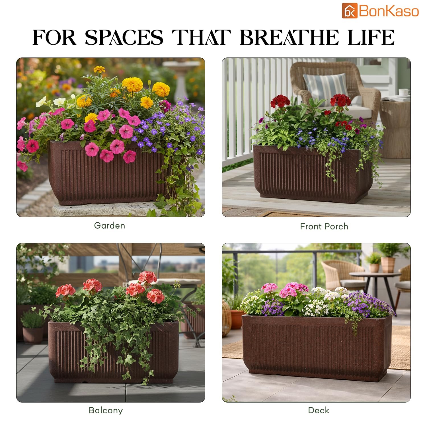 BonKaso 24 Inch Window Planter for Indoor & Outdoor Use | Heavy Duty Durable Polymer Flower Pot Gamla | Lightweight Rectangular Modern Planter for Balcony, Terrace, Living Room & Office Decor (Brown) - Image 3