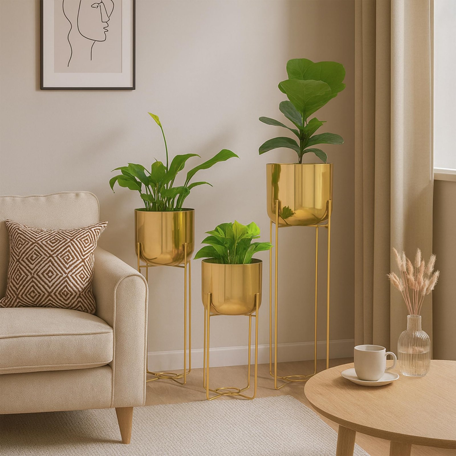 Urban Plant Elevé Metal Planter with Stand Set, 3 Modern Planters with Stands, 16-24.5 Inch Height (Gold) - Image 5
