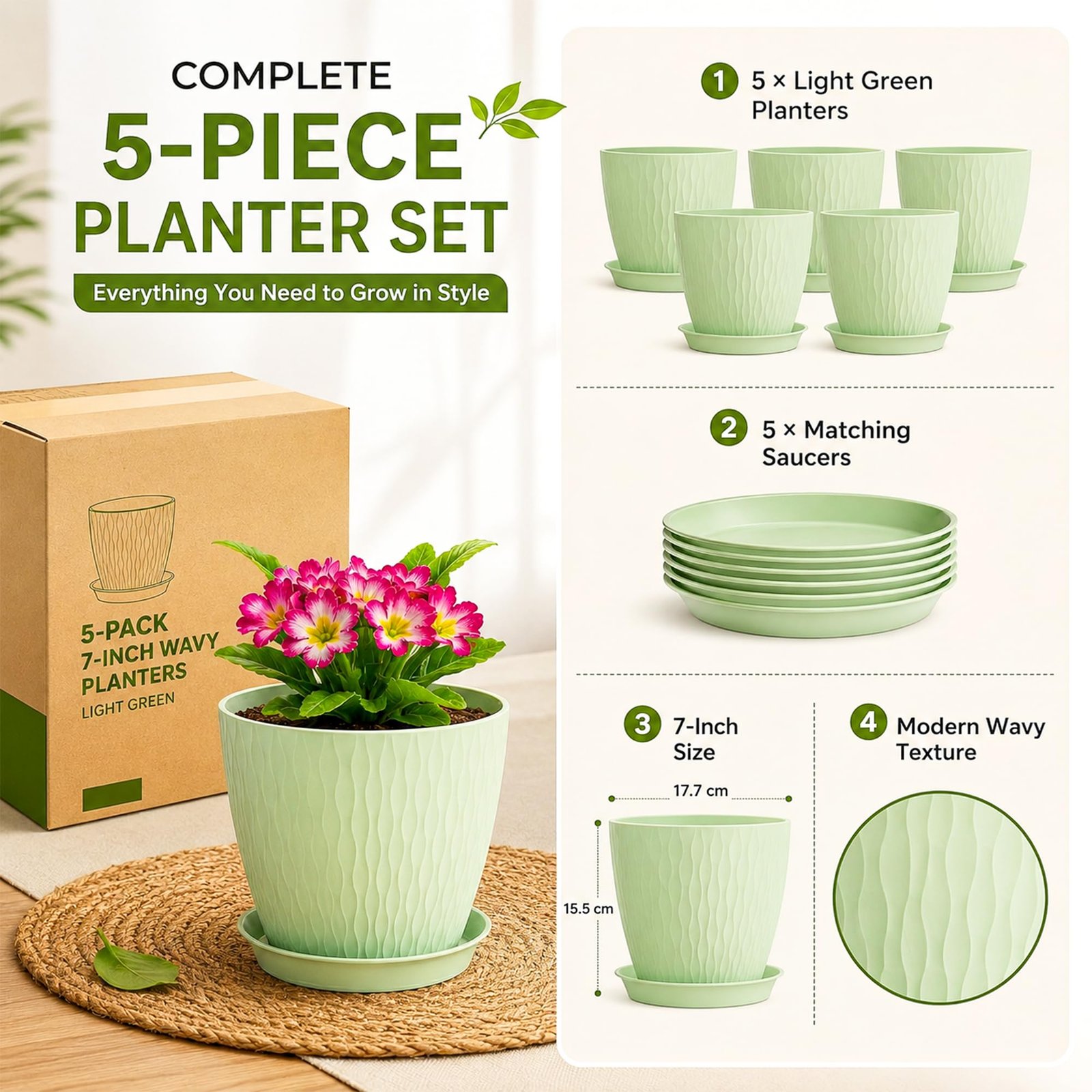 SWAPKART (Pack of 5 6 Inch Plastic Flower Pots for Indoor & Outdoor Terrace,Garden Plants Decorative Planters with Drainage Holes & Matching Saucers Durable & Lightweight (Green) - Image 3