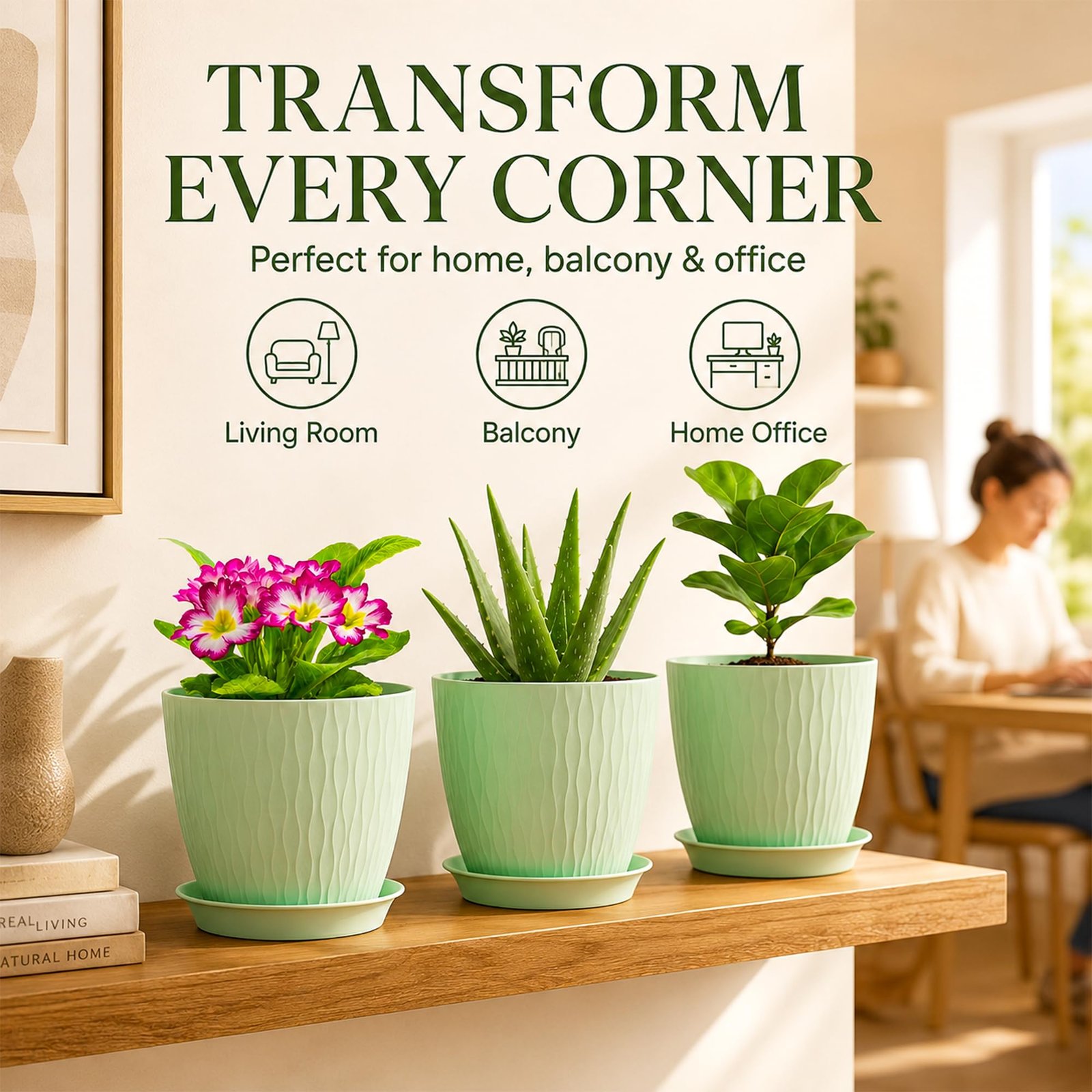 SWAPKART (Pack of 5 6 Inch Plastic Flower Pots for Indoor & Outdoor Terrace,Garden Plants Decorative Planters with Drainage Holes & Matching Saucers Durable & Lightweight (Green) - Image 2