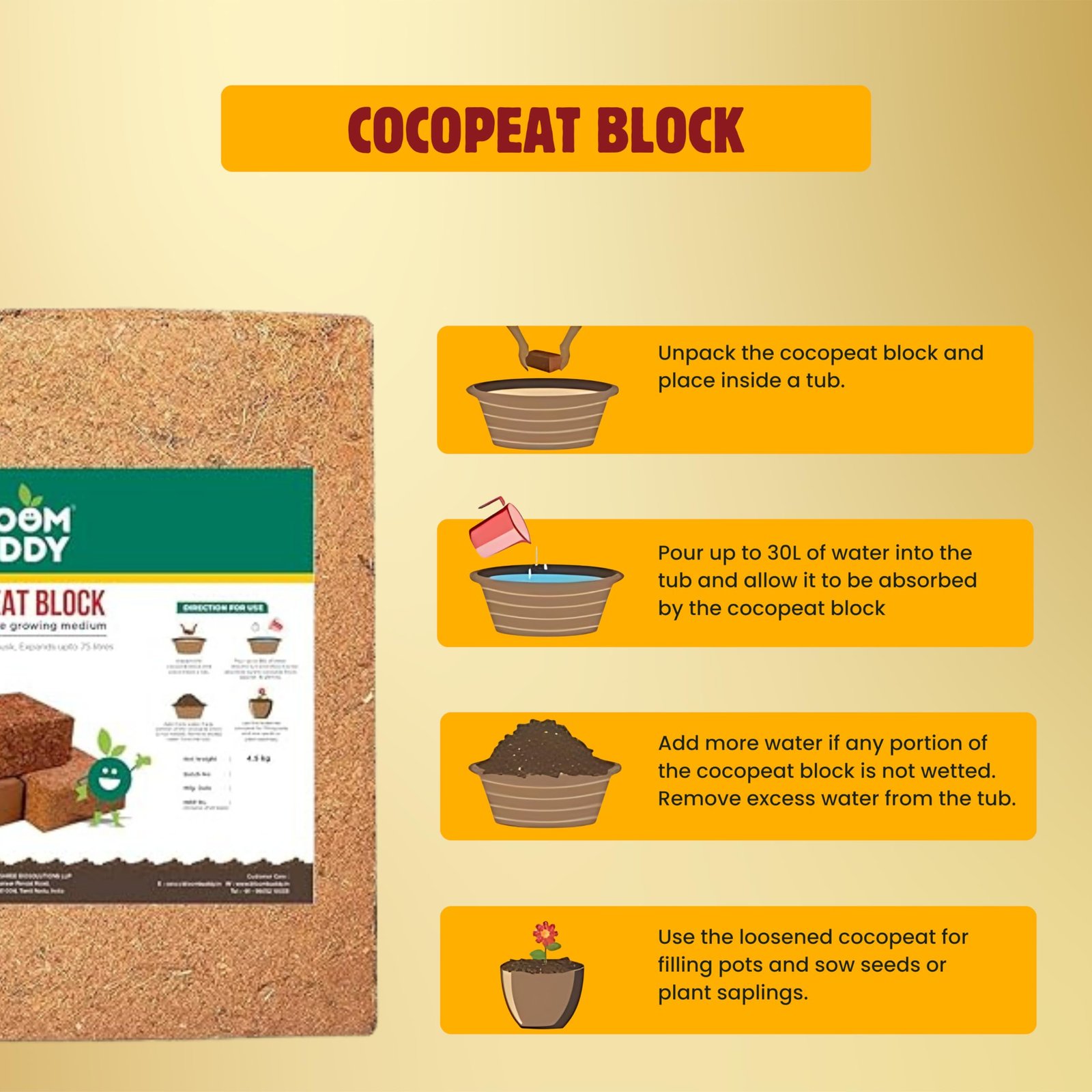 BloomBuddy Cocopeat Block 4.5kg | Growing Medium for Gardening & Plants | Expands Upto 75 litres of Coco Peat Powder | Kitchen Gardening, Terrace Gardening, Indoor Plants and Outdoor Plants - Image 4