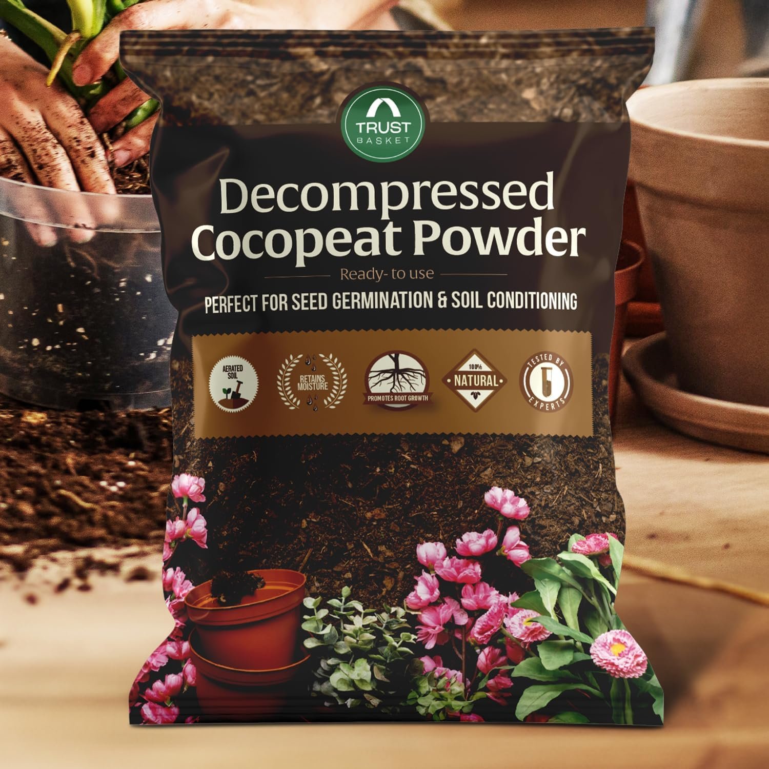 TrustBasket Premium Decompressed Cocopeat Powder 5KG – Ready-to-Use, Kerala's Coconut Husk Powder Coconut Coir Soil Conditioner for Potting, Indoor/Outdoor Gardens – 100% Natural, High Water Retention