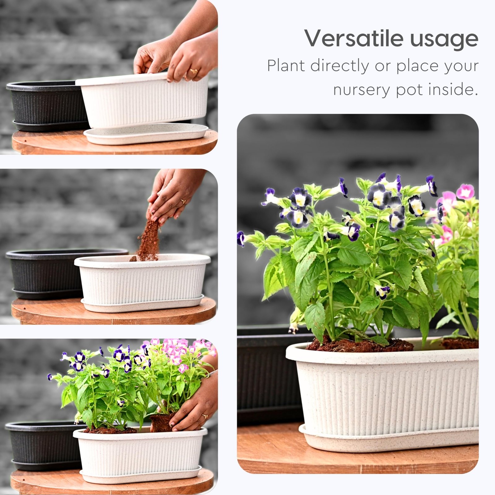Eha Earth Friendly Regalia 12 Inch Pots and Planters Set of 2 | Bamboo Based, UV Protected | Plant Pots for Indoor & Balcony Window Flower Pots | Sand Castle - Image 7