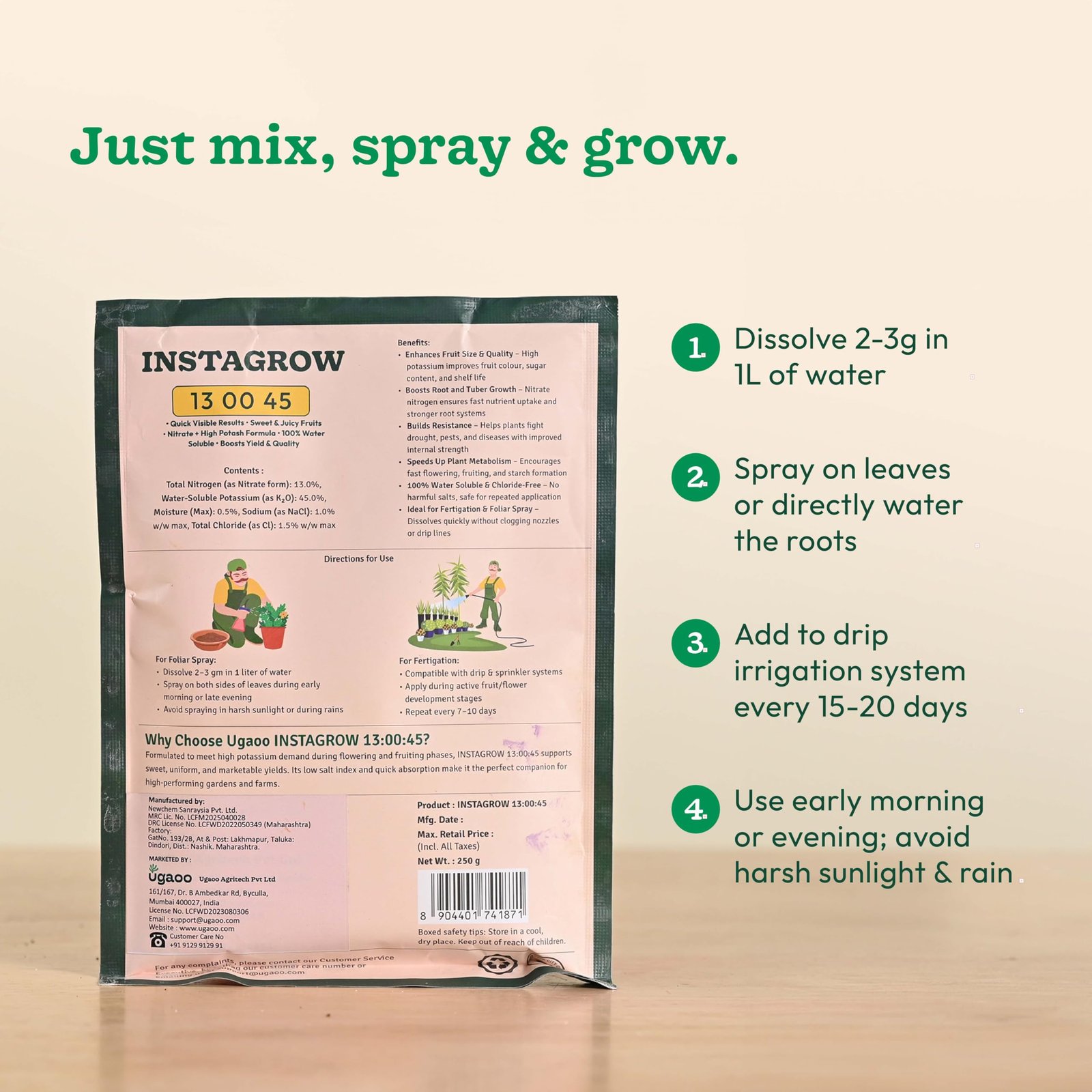 Ugaoo InstaGrow NPK 13:00:45 Fertilizer (250g) | High Potassium Water-Soluble Fertilizer for Fruit & Flower Quality | Boosts Yield & Sweetness - Image 5