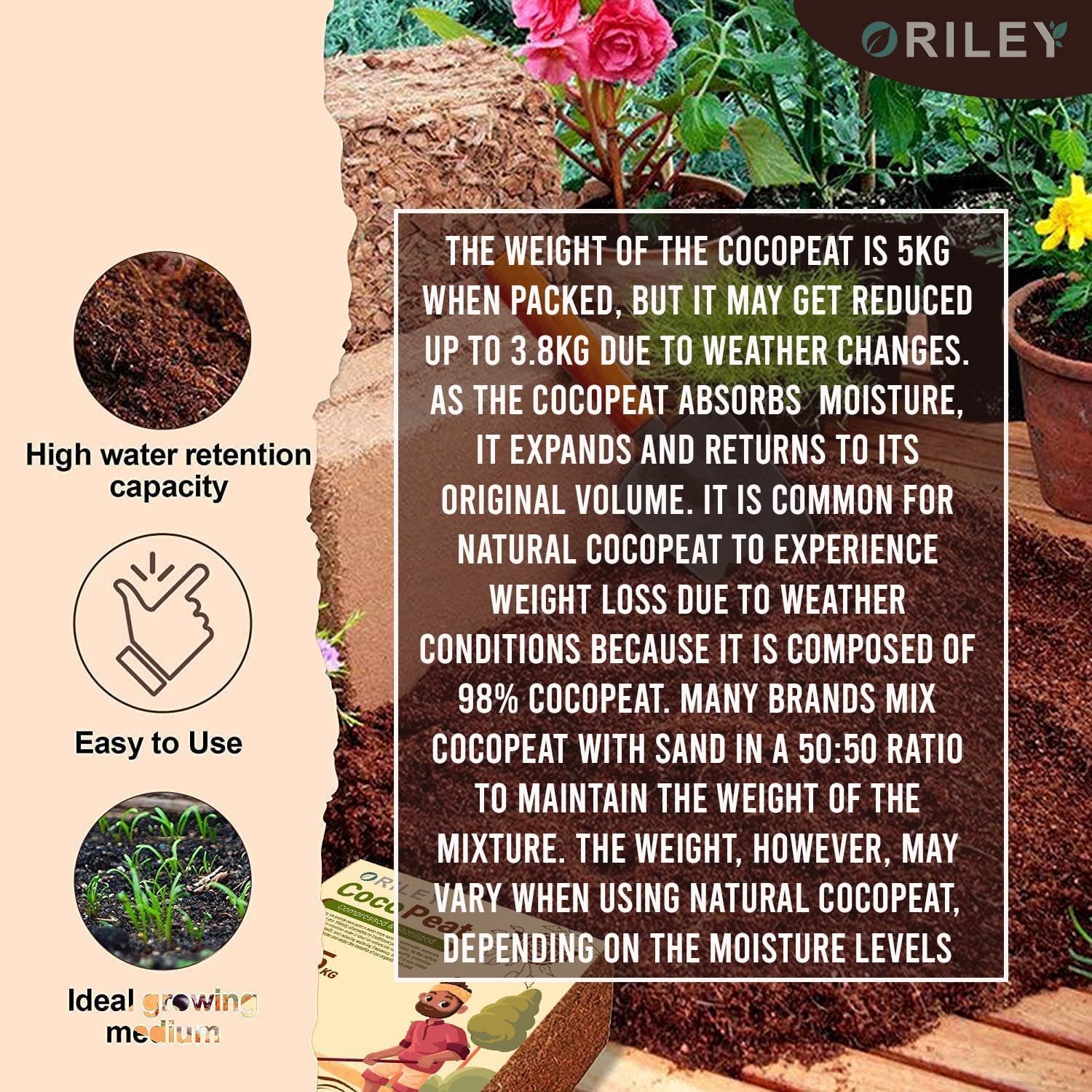 Oriley 5 Kg 100% Natural Cocopeat Block for Garden Plants Organic Agricultural Compost Coco Peat for Indoor & Outdoor Fertilizer Kitchen Terrace Gardening Khaad (Expands Upto 75 litres of Powder) - Image 8