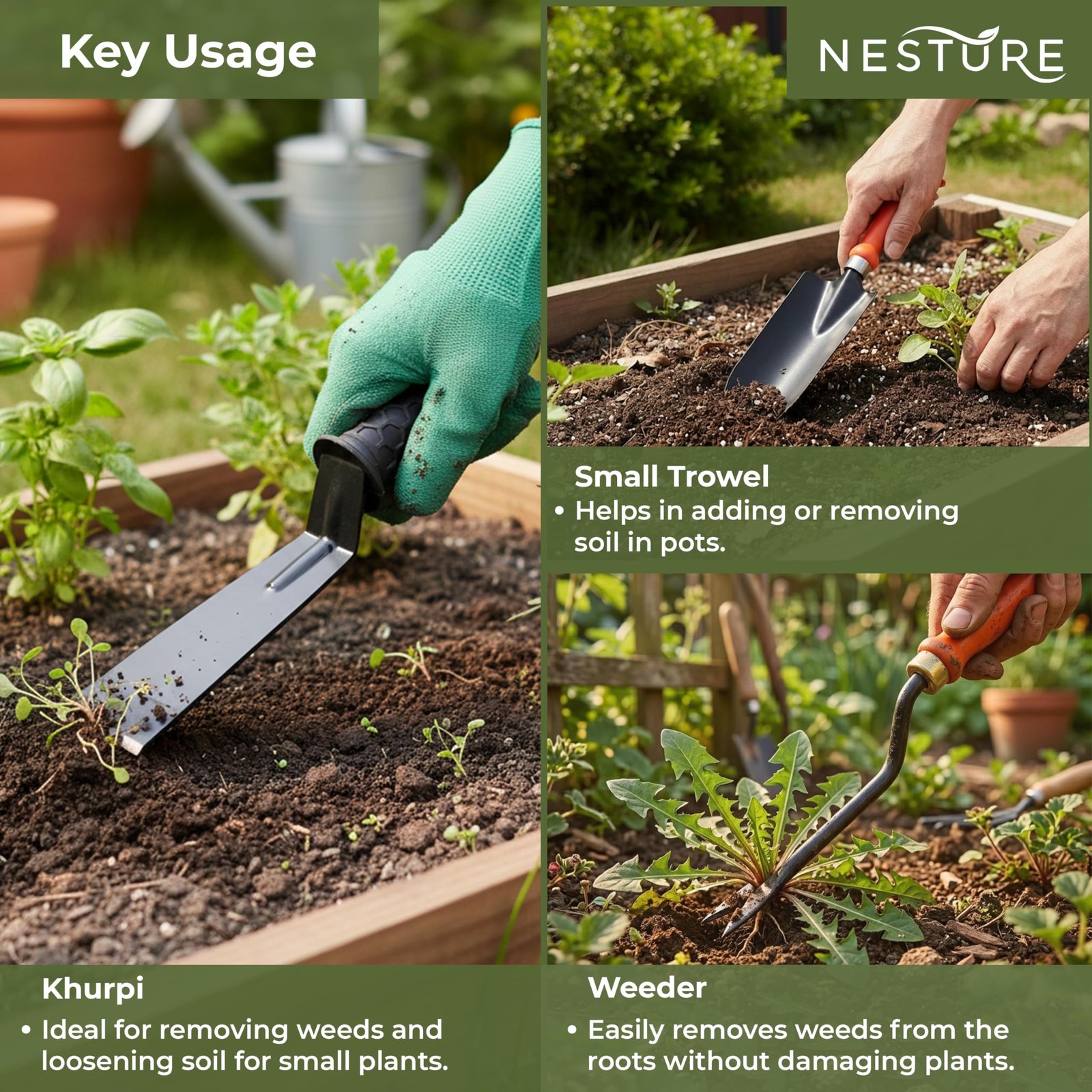 Gardening Tools Kit for Home Garden 3 Pcs | Khurpi, Hand Weeder & Trowel | Gardening Tools Heavy Duty Set for Soil Digging, Weeding & Planting - Image 4